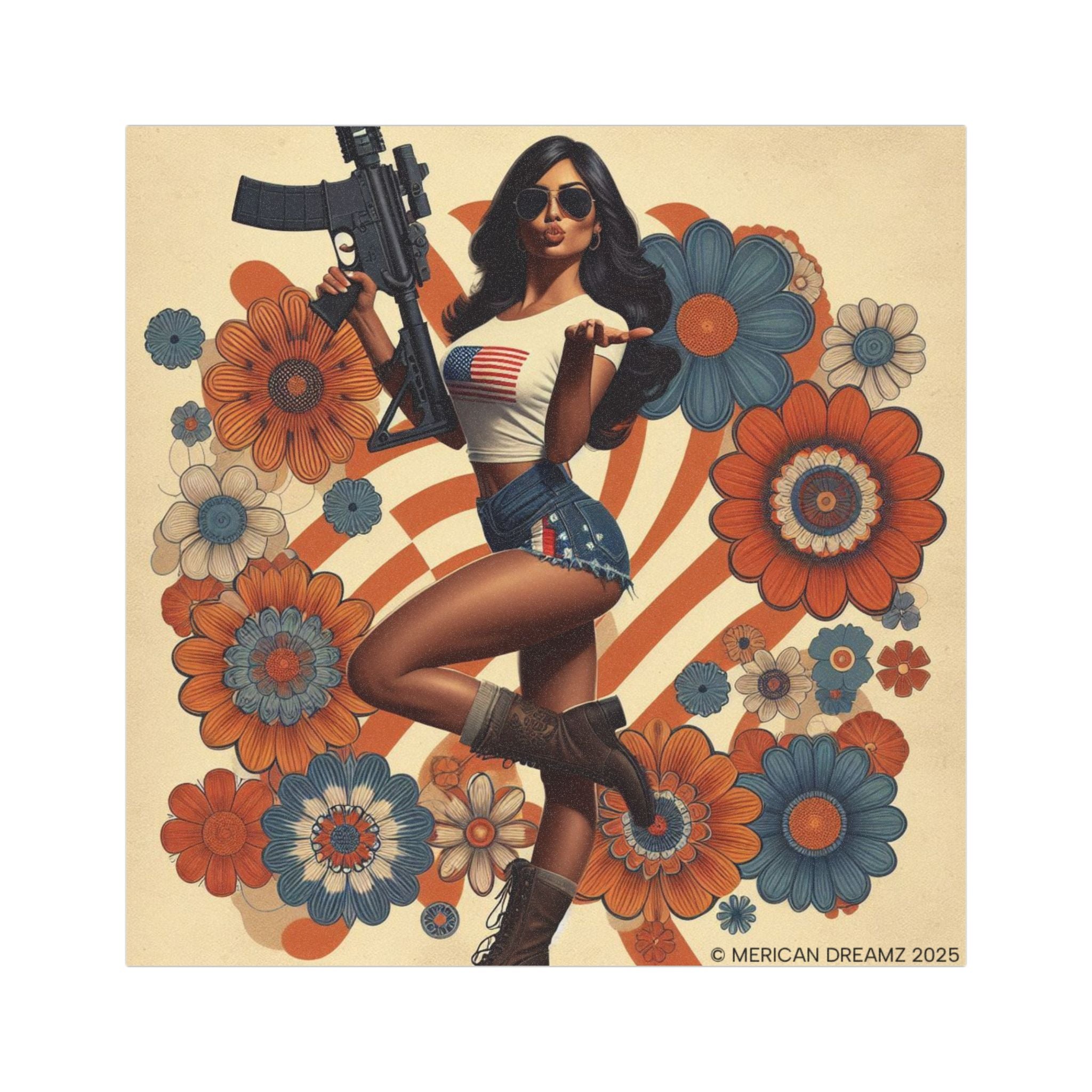 Car Magnet Patriotic Americana Cowgirl with Rifle | Square American Flag Vintage Floral
