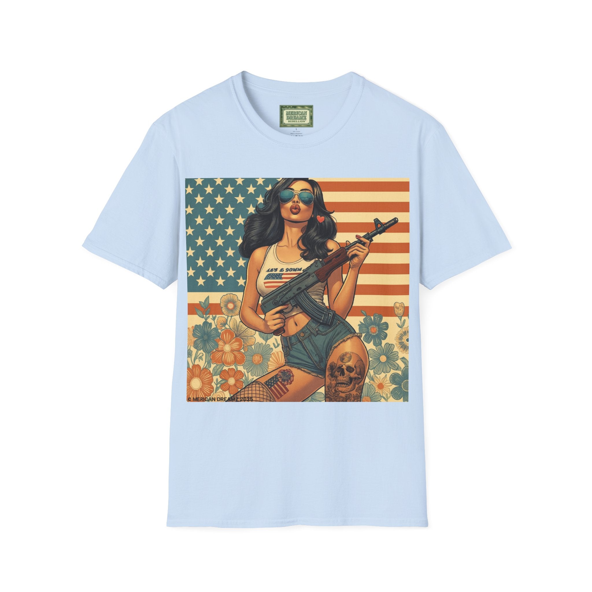 Graphic T-Shirt — Patriotic Pinup Girl with Rifle Vintage Flag Design (US Only)