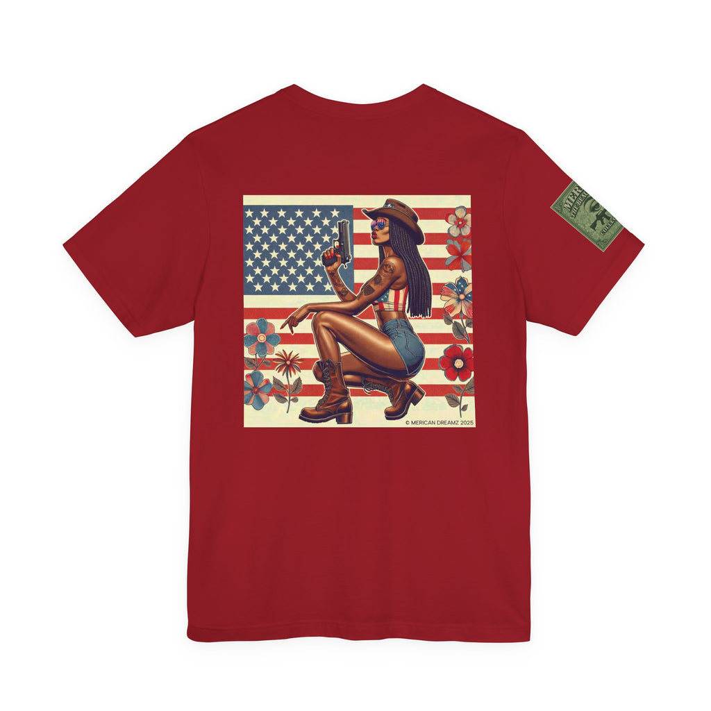 Graphic Short Sleeve Tee front and back — Retro Americana Pin-Up Cowgirls with 9mm Pistols