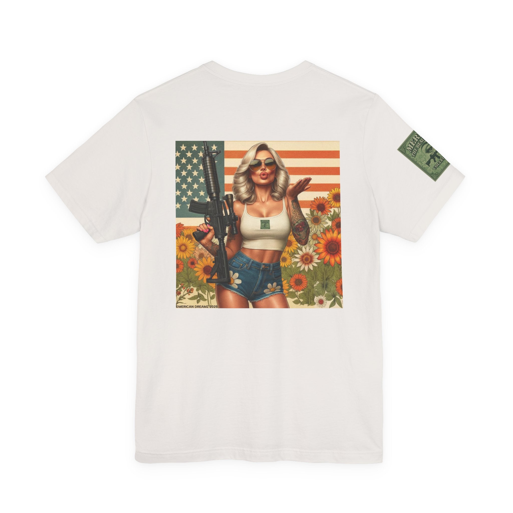 Graphic Short Sleeve Tee front and back — Retro Americana Pin-Up Girls with AR-15 Rifles