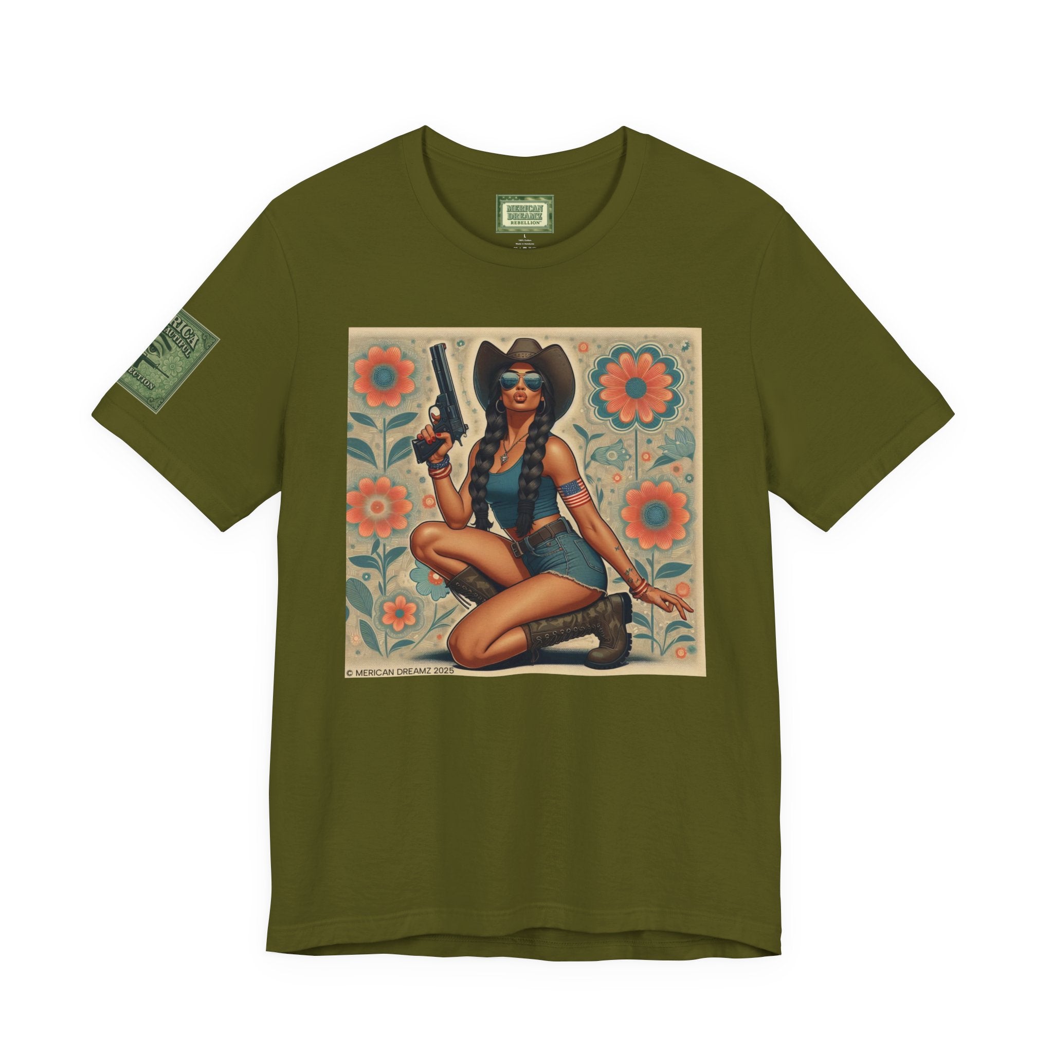 Graphic Short Sleeve Tee front and back — Retro Americana Pin-Up Cowgirls with 9mm Pistols