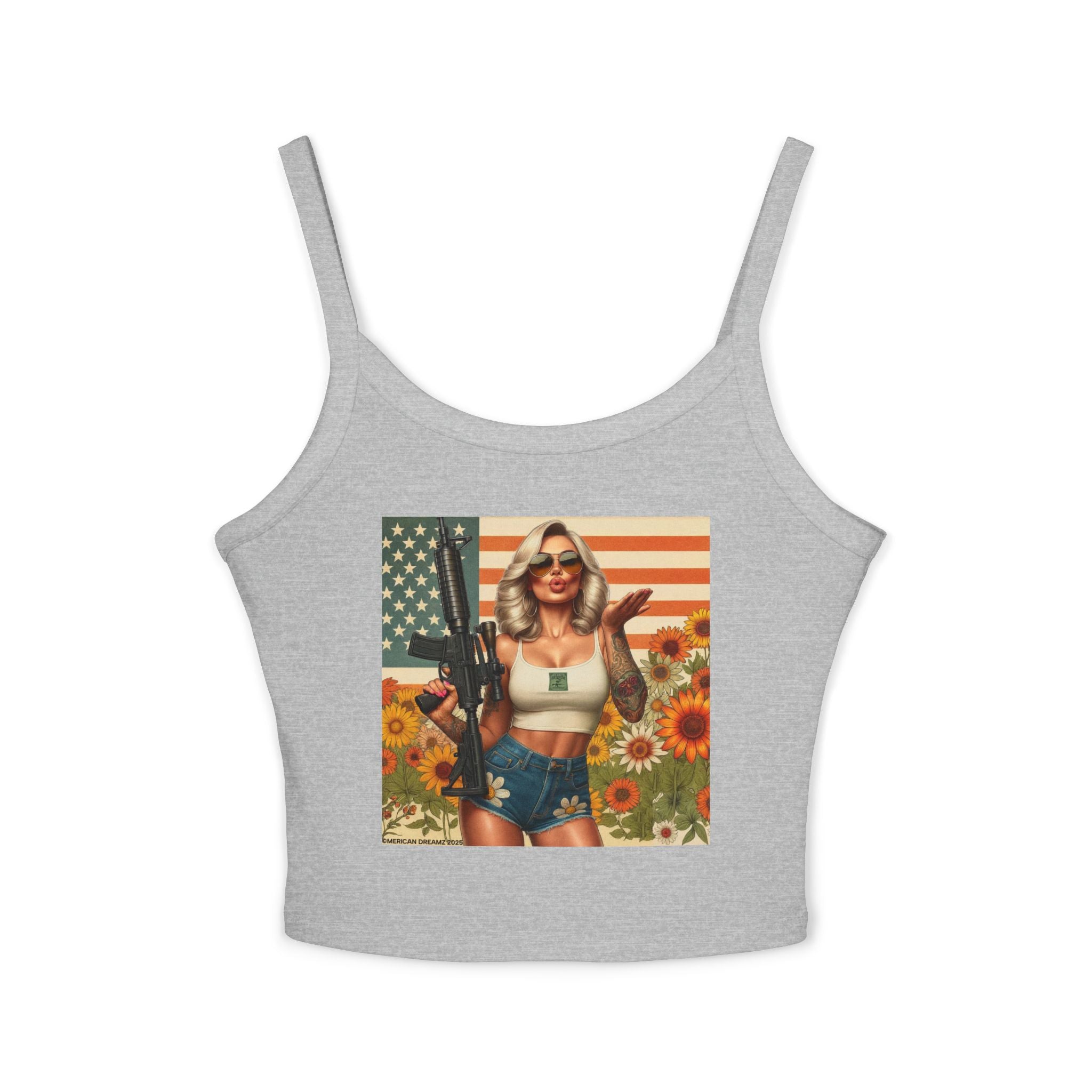 Retro Pinup Girl Tank Top — Vintage Flag & Floral Spaghetti Strap