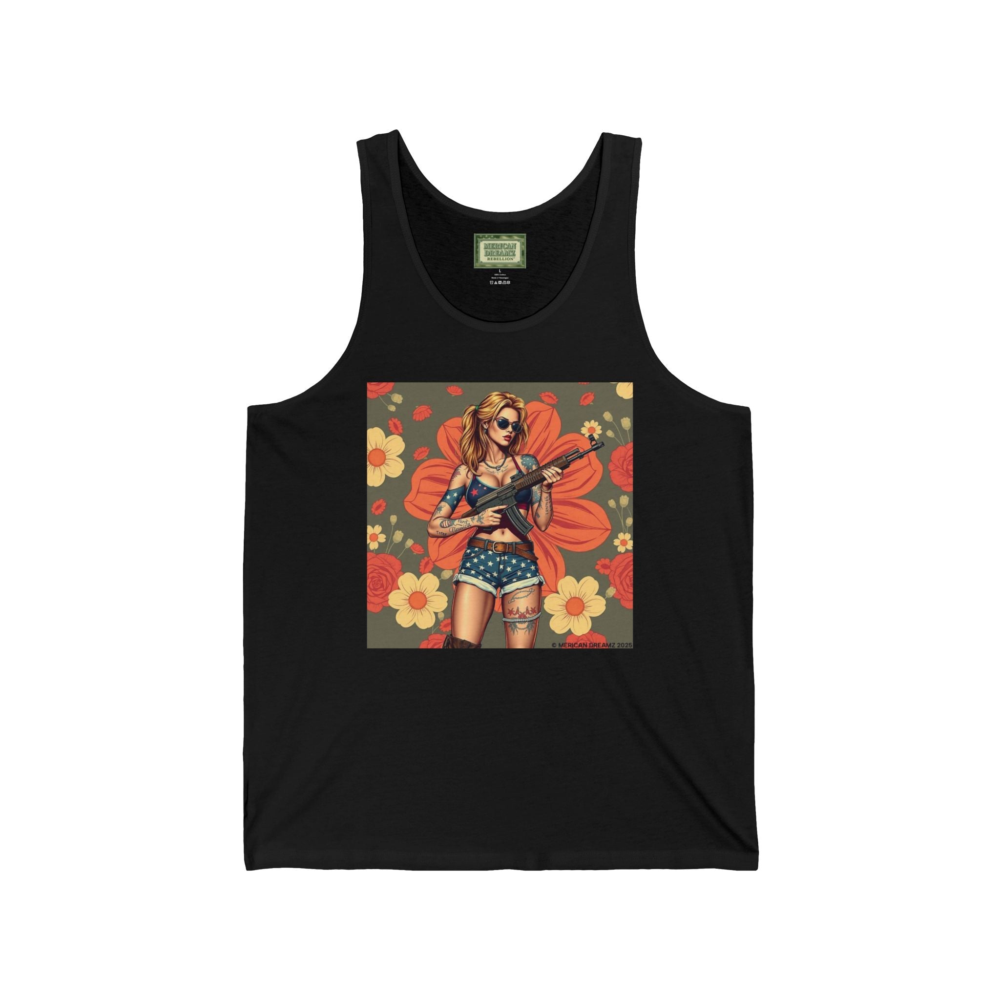 Pin-Up Tank Top — Vintage Americana Gun Flower Girl Graphic