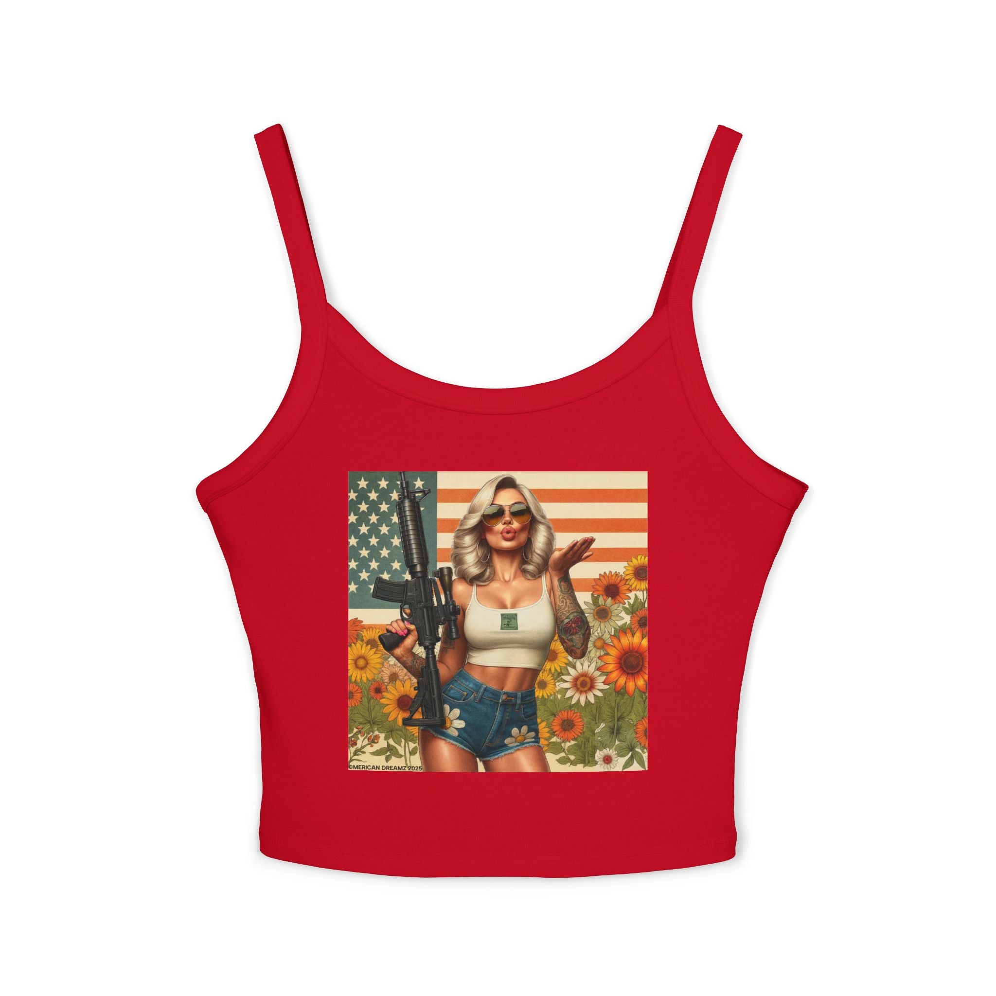 Retro Pinup Girl Tank Top — Vintage Flag & Floral Spaghetti Strap