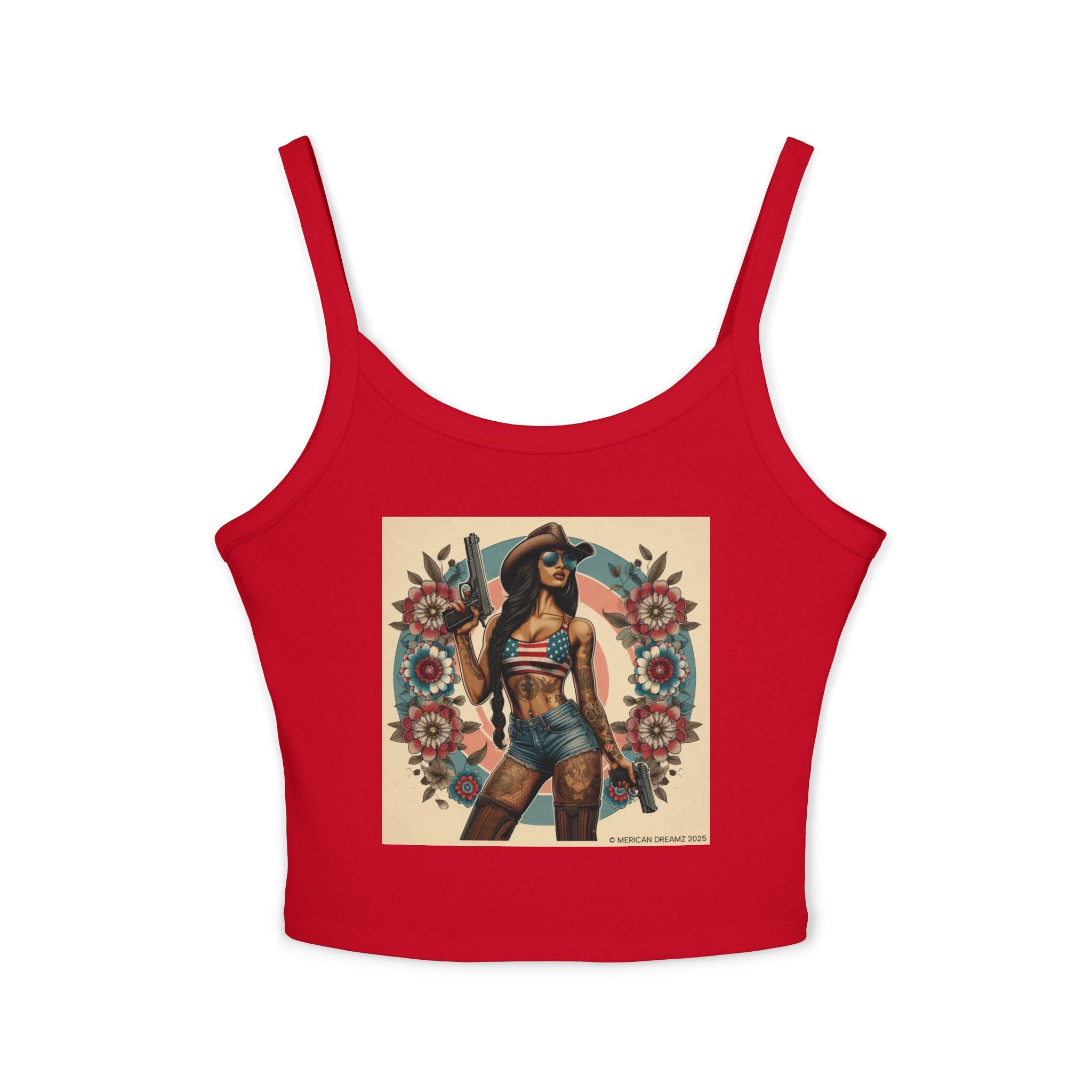 Retro Pinup Girl Tank Top — Vintage Flag & Floral Spaghetti Strap