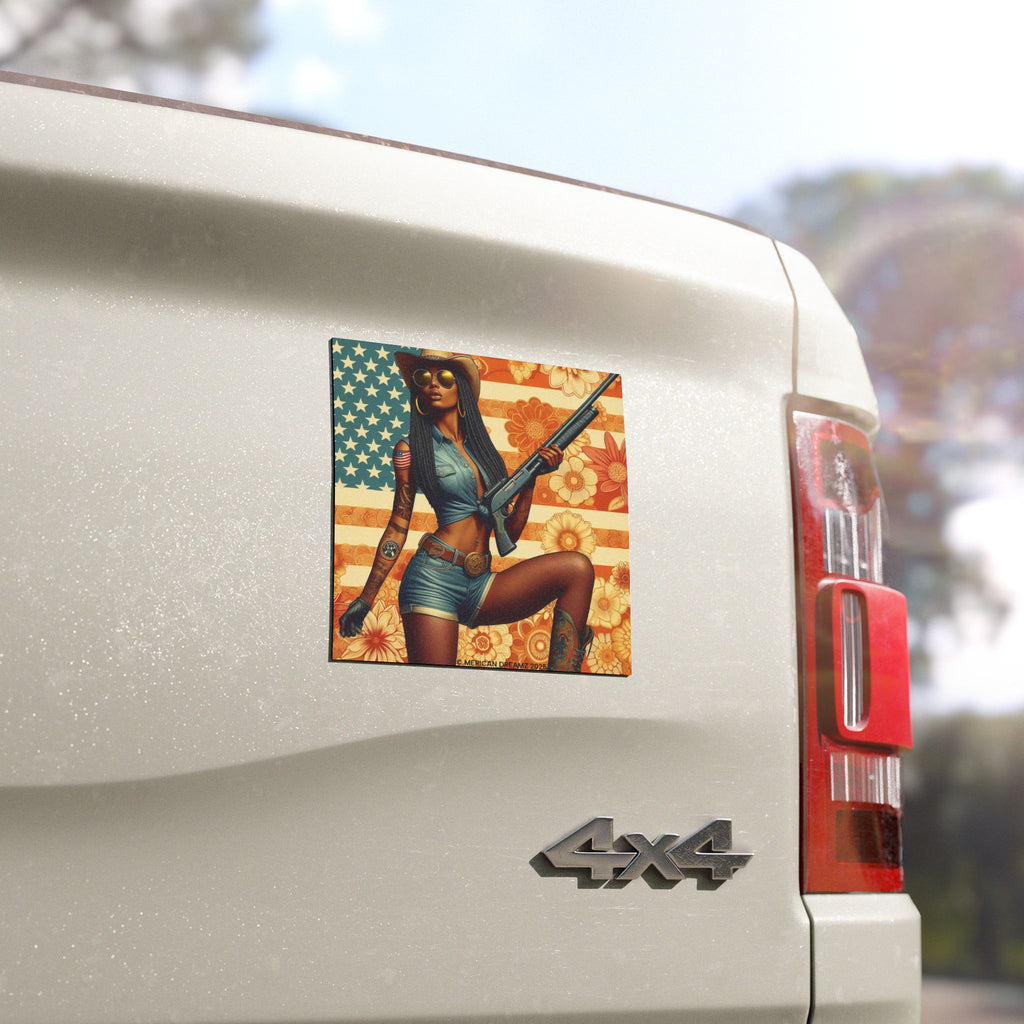 Car Magnet Patriotic Americana Cowgirl with Shotgun | Square American Flag Vintage Floral