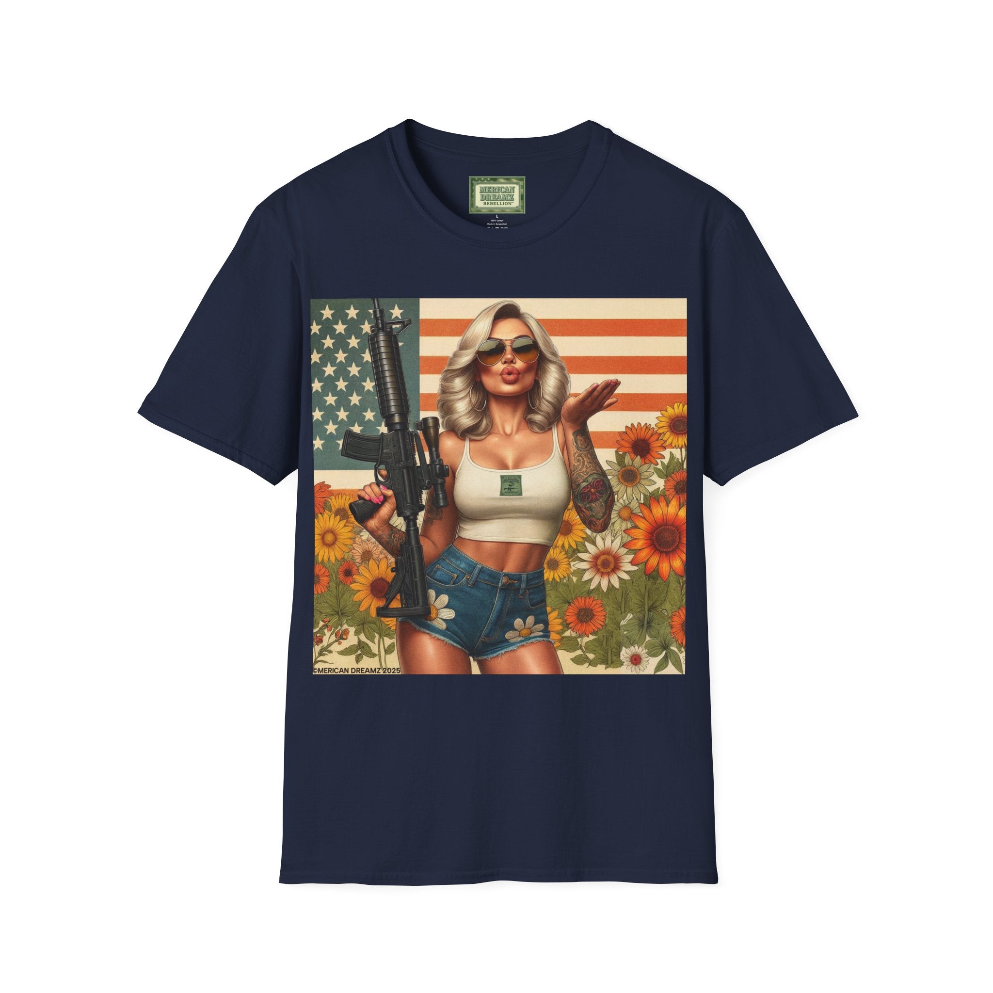 Pin-Up Americana T-Shirt — Retro Floral Gun Cowgirl Vintage Style (US Only)