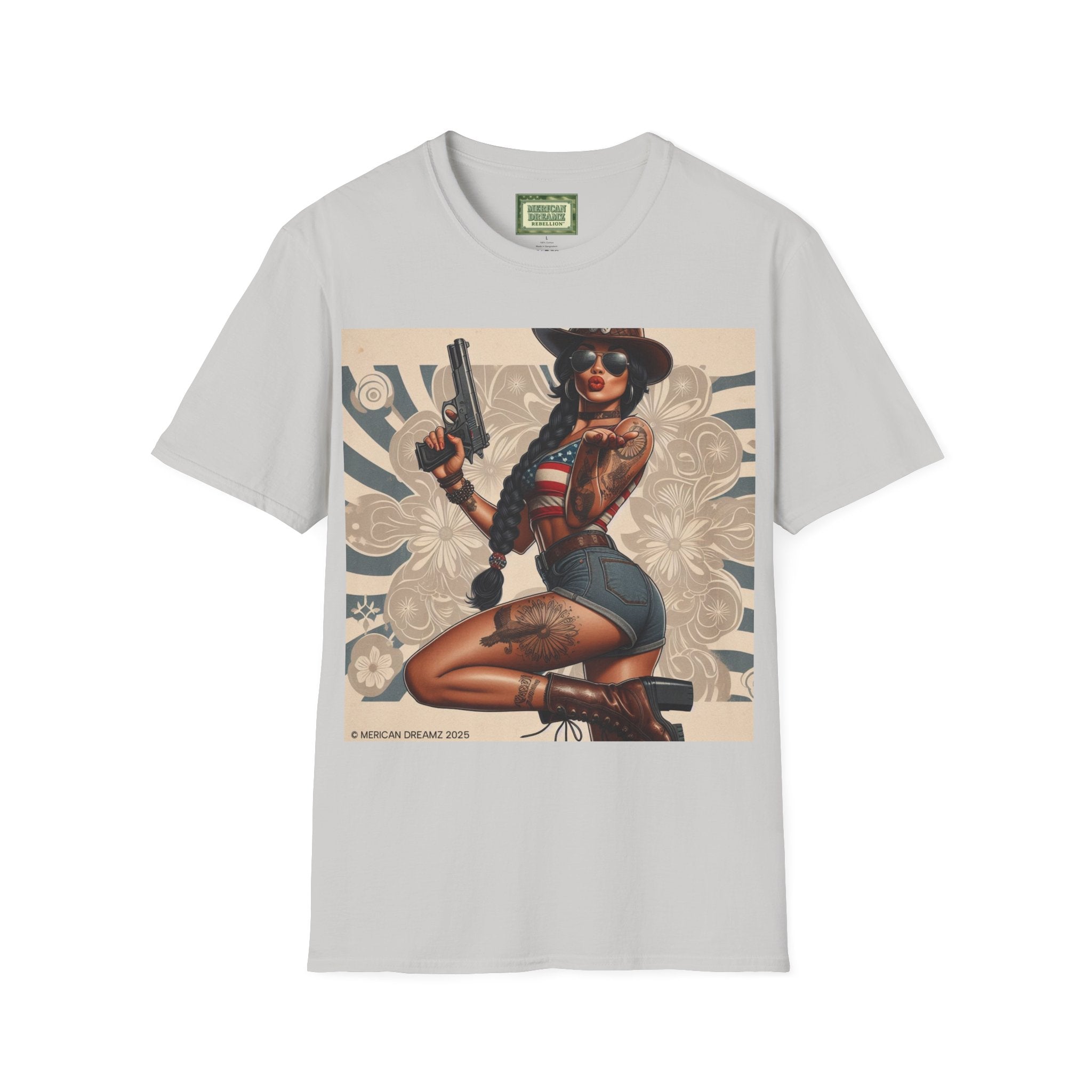 Pin-Up Americana T-Shirt — Retro Floral Gun Cowgirl Vintage Style (US Only)