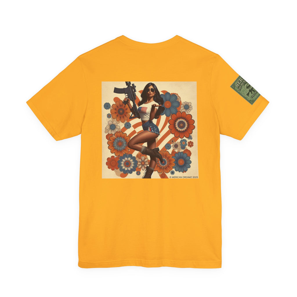 Graphic Short Sleeve Tee front and back — Retro Americana Pin-Up Girls with AR-15 Rifles