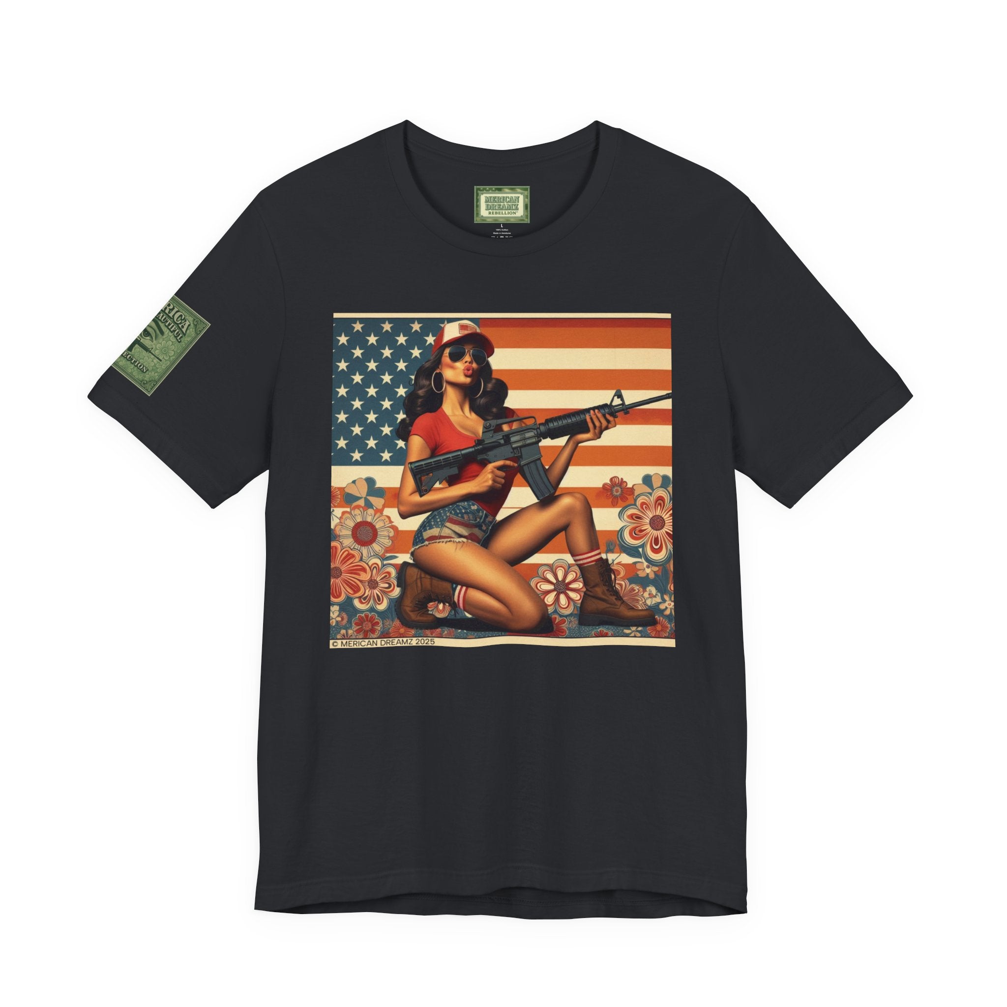 Graphic Short Sleeve Tee front and back — Retro Americana Pin-Up Girls with AR-15 Rifles
