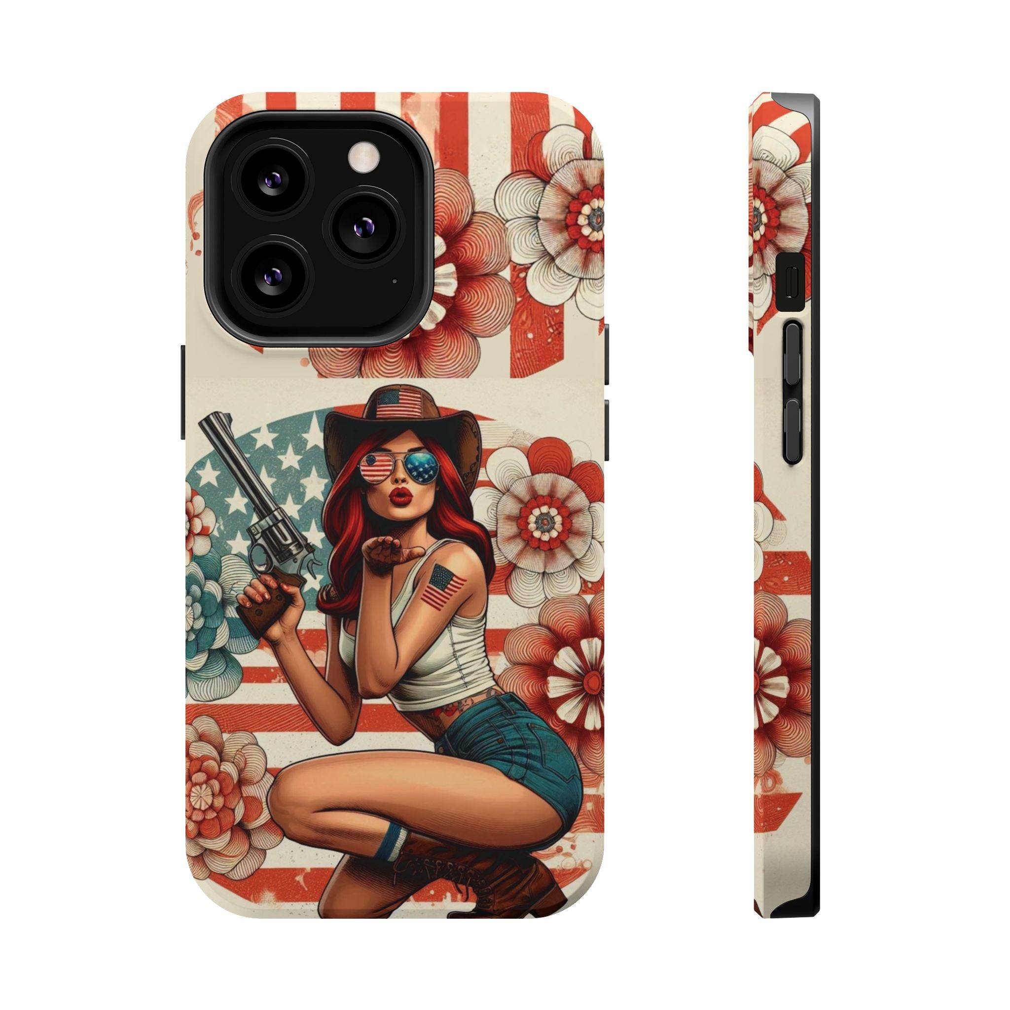 Americana .44 Magnum Pinup Girl - Magnetic Impact‑Resistant Phone Case  iPhone 13-17 / Samsung S26  MagSafe Compatible