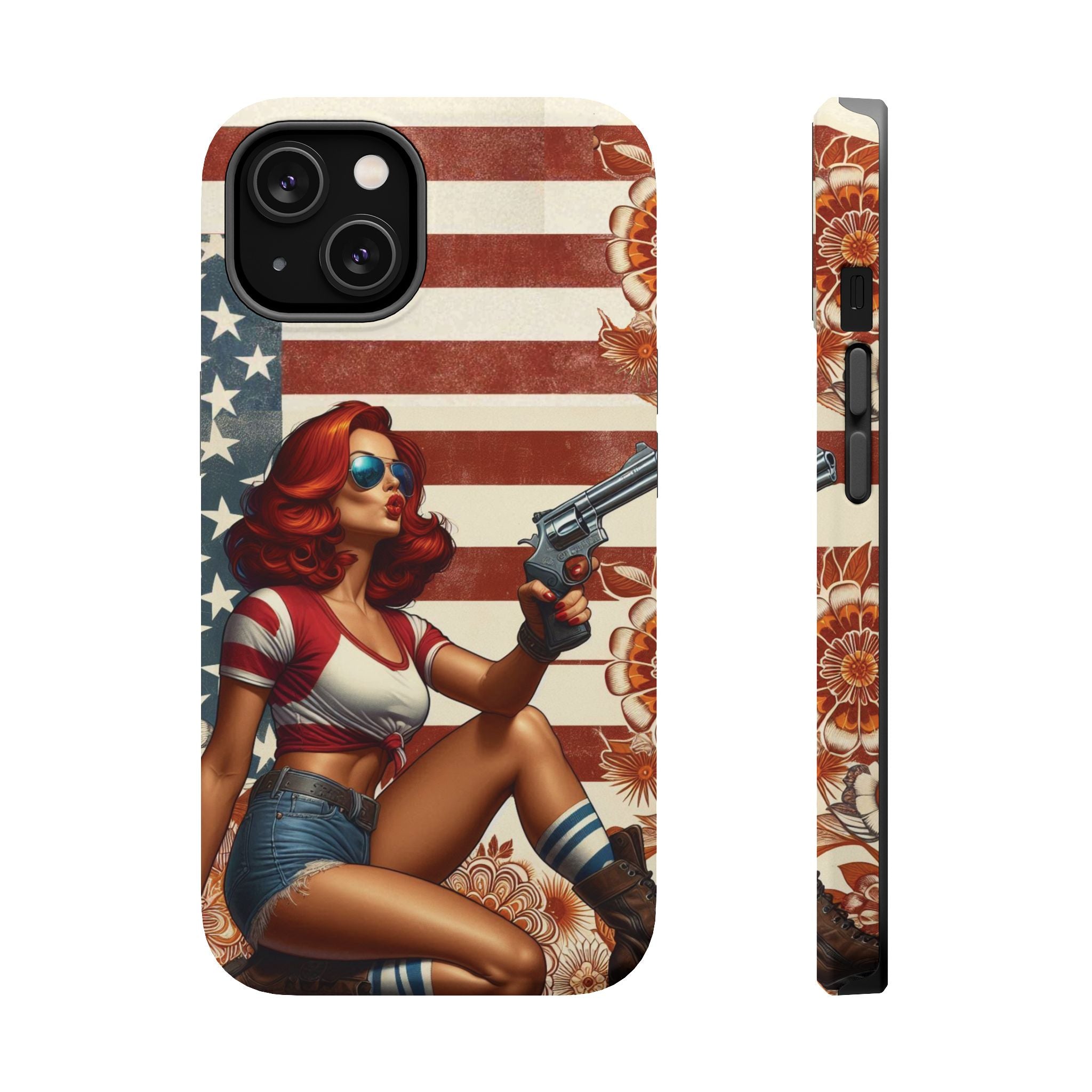 Americana .44 Magnum Pinup Girl - Magnetic Impact‑Resistant Phone Case  iPhone 13-17 / Samsung S26  MagSafe Compatible