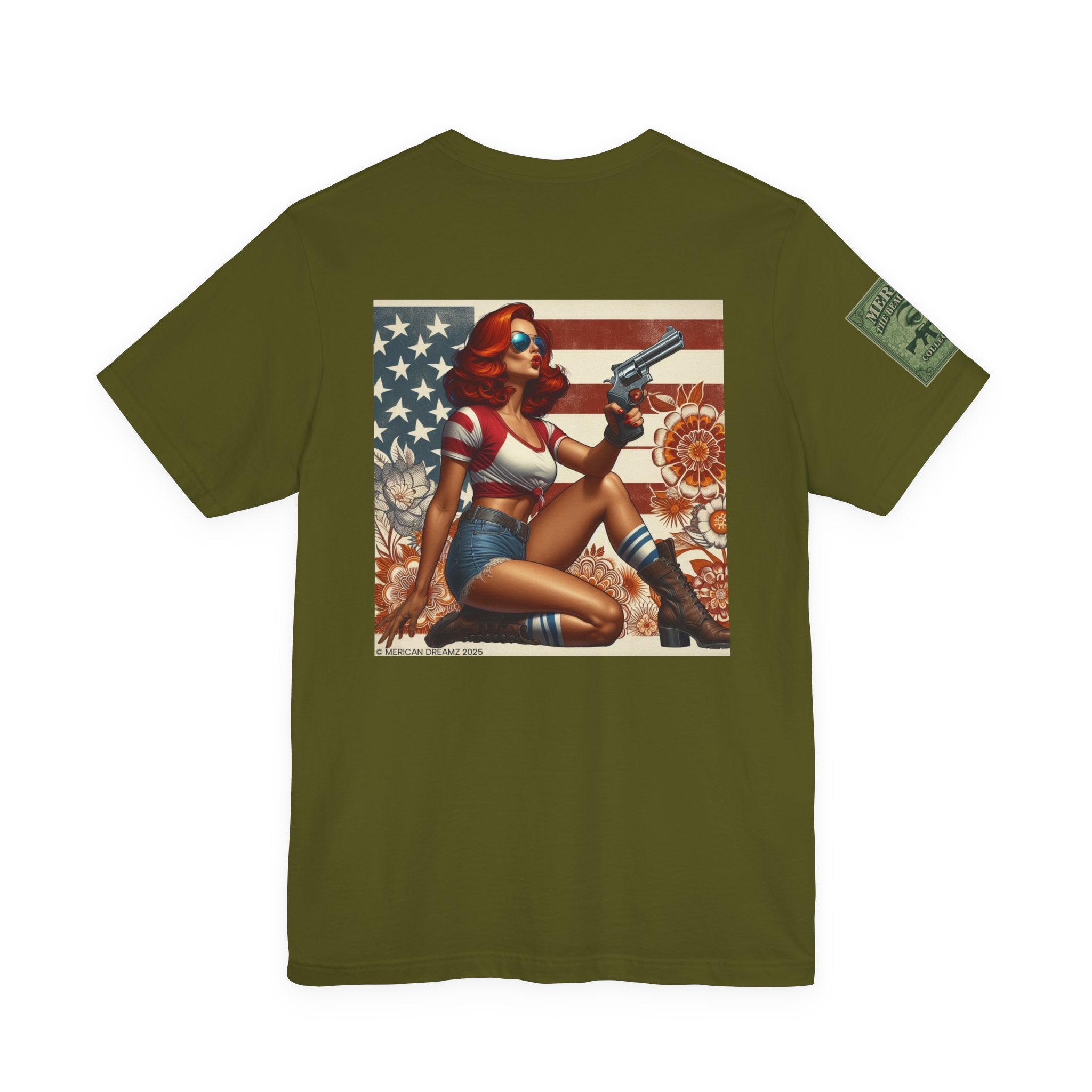 Graphic Short Sleeve Tee front and back — Retro Americana Pin-Up Cowgirls with .44 Magnum Revolvers
