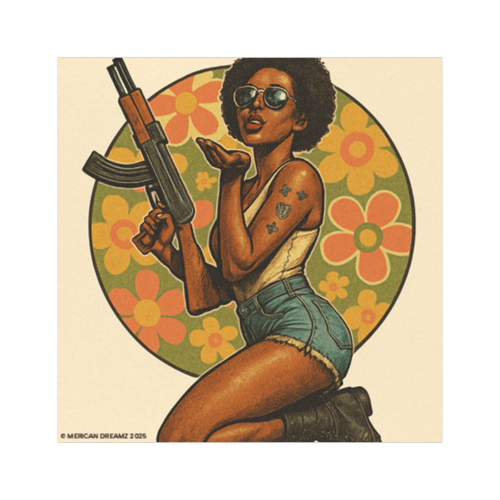 Car Magnet Patriotic Americana Cowgirl with Rifle | Square American Flag Vintage Floral