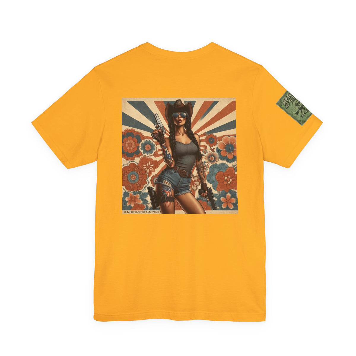 Graphic Short Sleeve Tee front and back — Retro Americana Pin-Up Cowgirls with 9mm Pistols