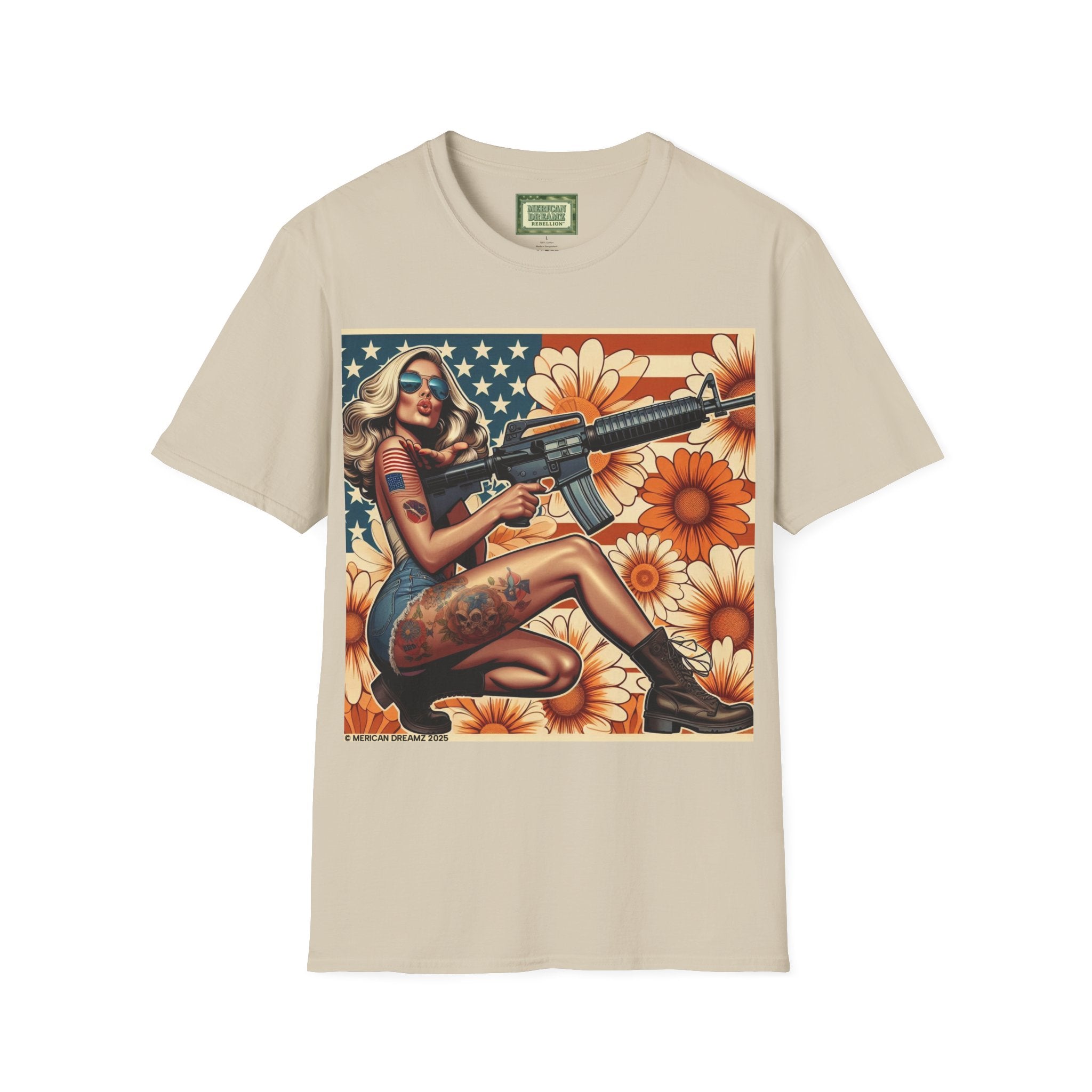Graphic T-Shirt — Patriotic Pinup Girl with Rifle Vintage Flag Design (US Only)