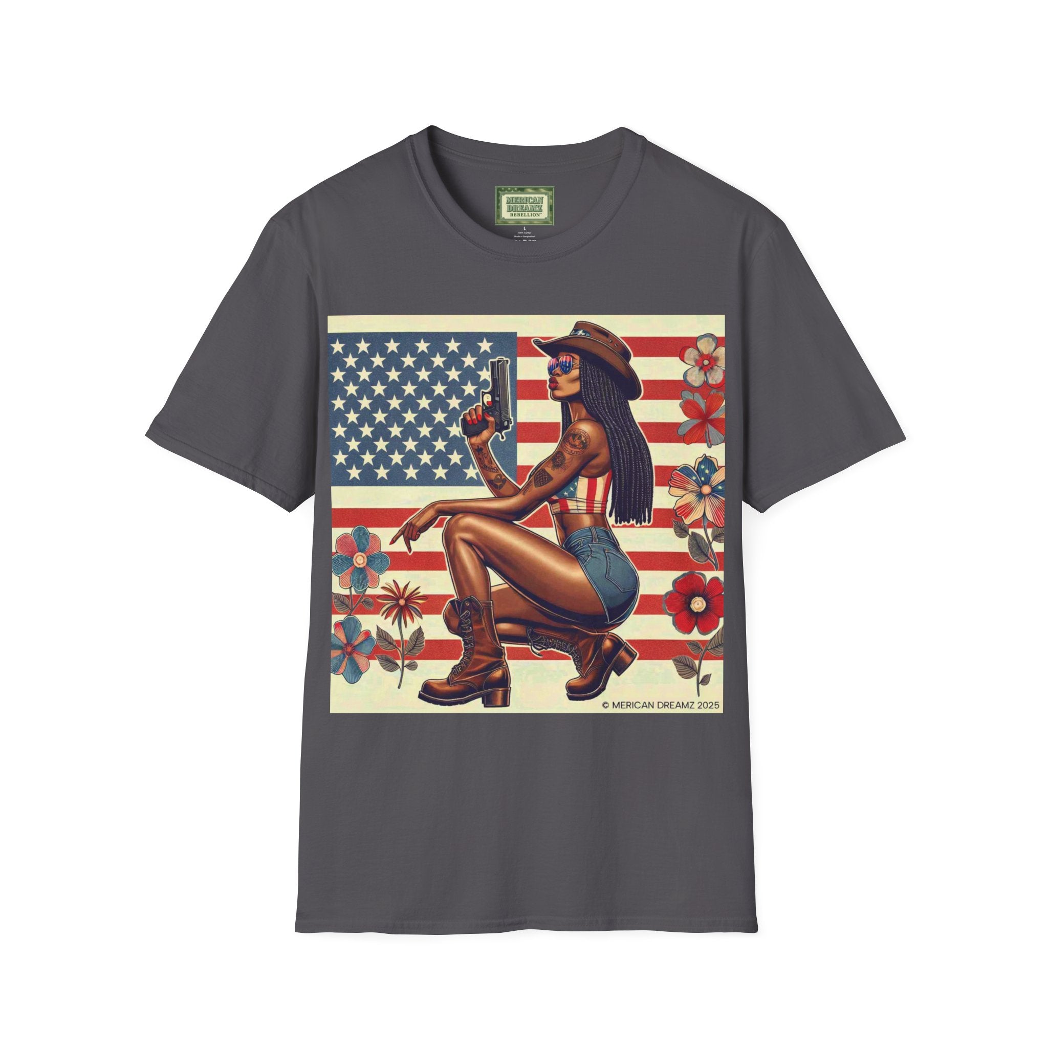 Pin-Up Americana T-Shirt — Retro Floral Gun Cowgirl Vintage Style (US Only)