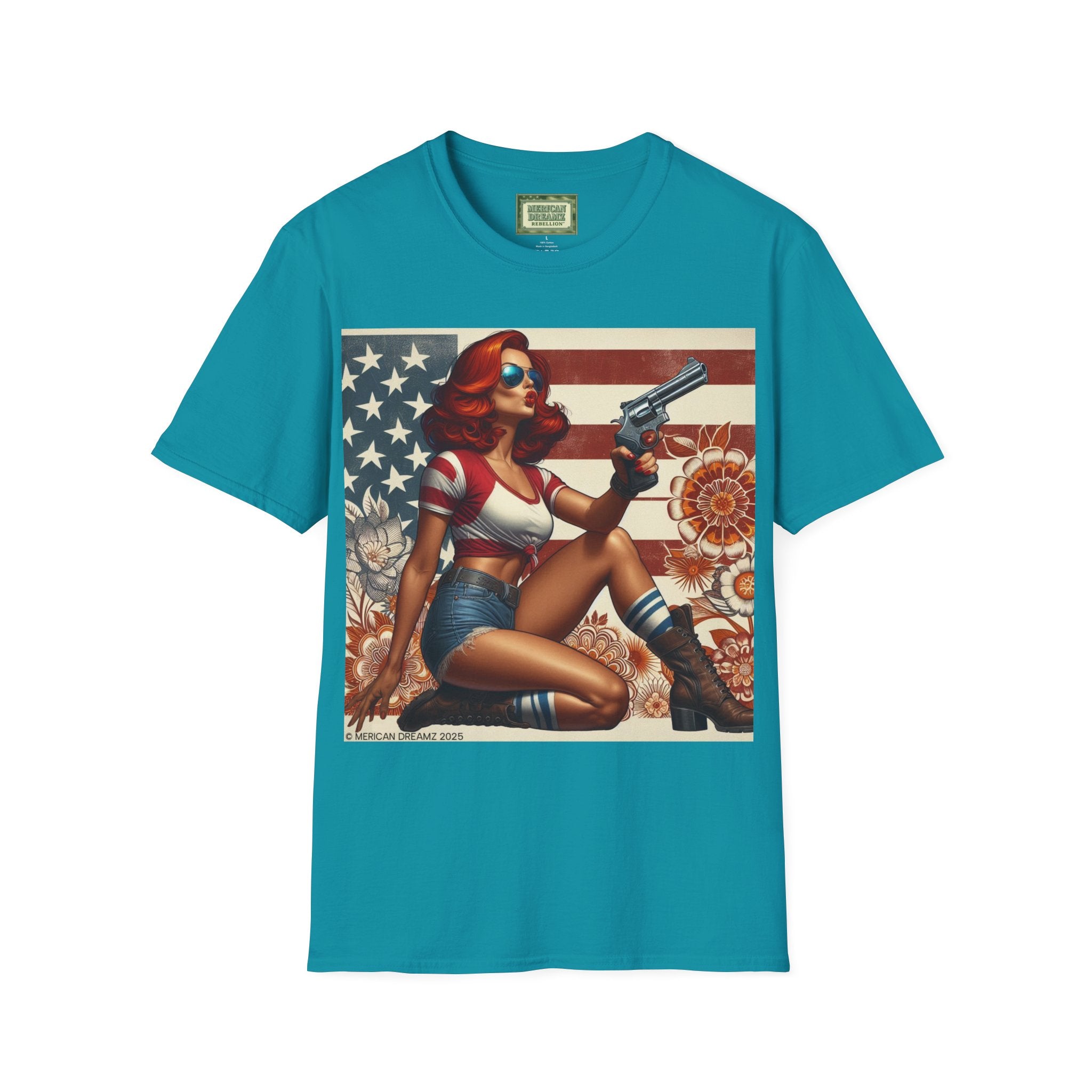 Graphic T-Shirt — Patriotic Pinup Girl with Rifle Vintage Flag Design (US Only)