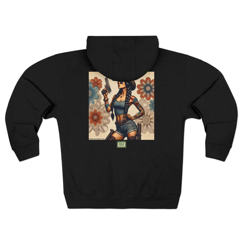 Americana Pinup Cowgirl with 9mm Zip Hoodie — Retro Vintage Patriotic Graphic