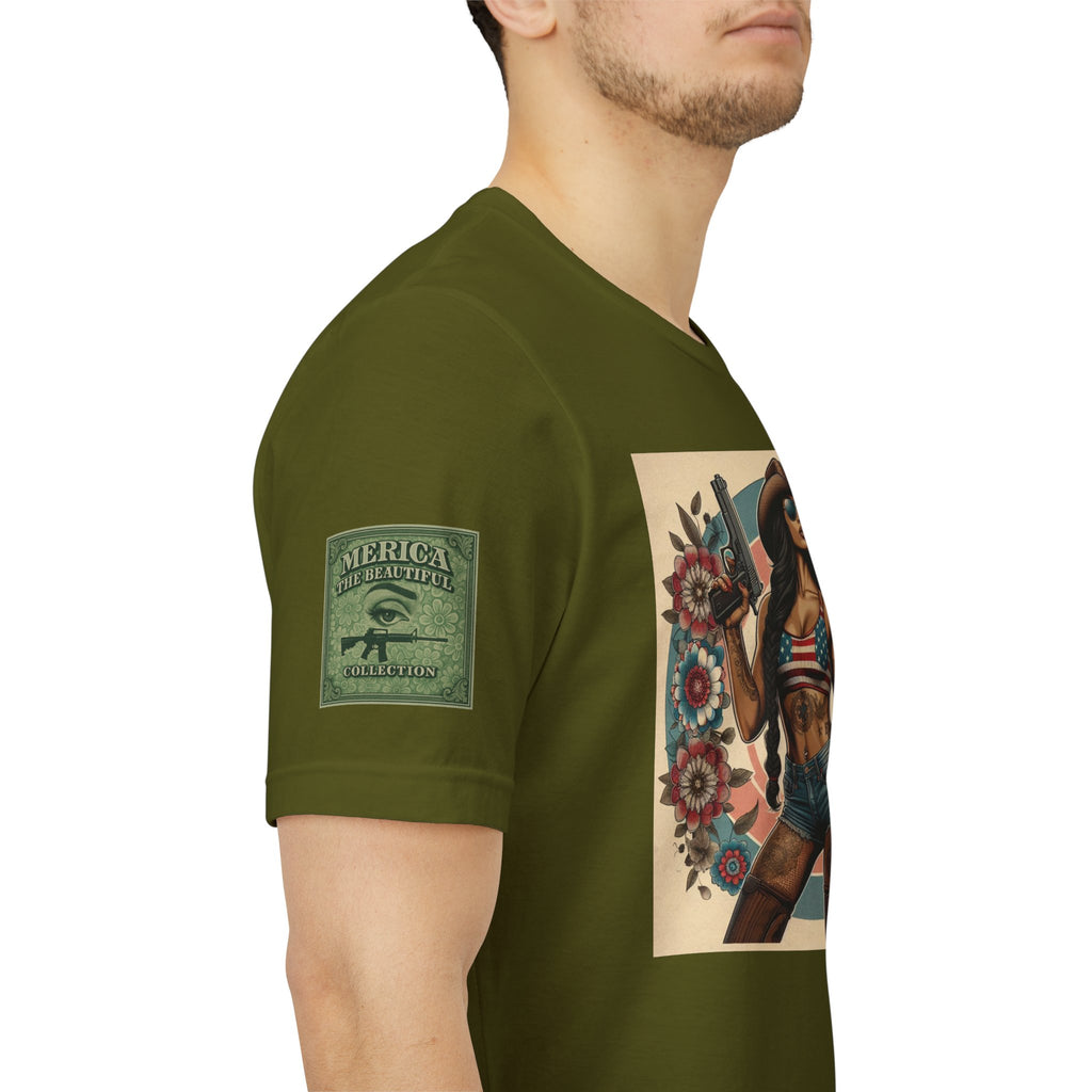 Graphic Short Sleeve Tee front and back — Retro Americana Pin-Up Cowgirls with 9mm Pistols