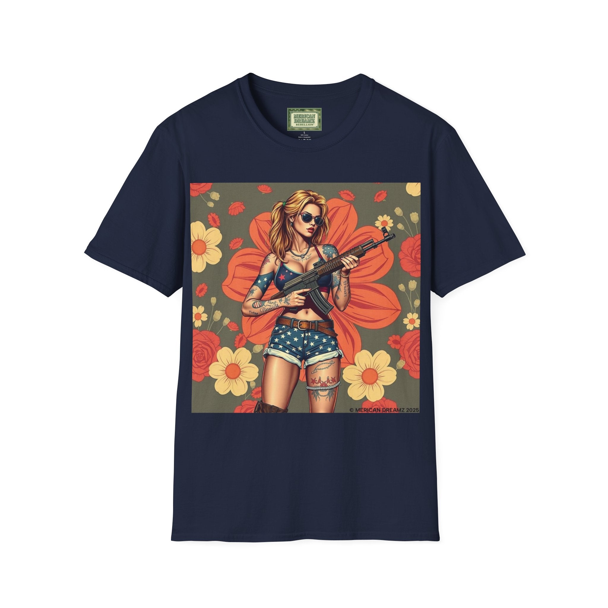 Graphic T-Shirt — Patriotic Pinup Girl with Rifle Vintage Flag Design (US Only)