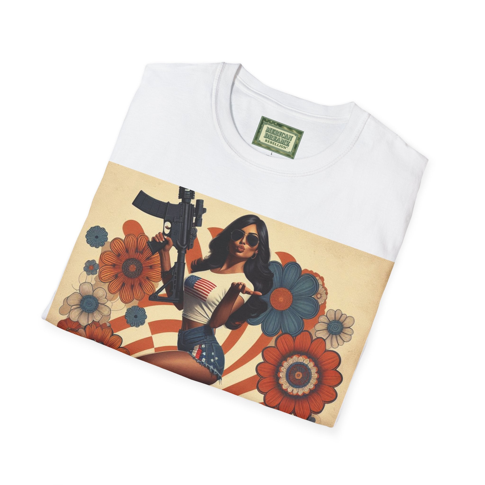Graphic T-Shirt — Patriotic Pinup Girl with Rifle Vintage Flag Design (US Only)