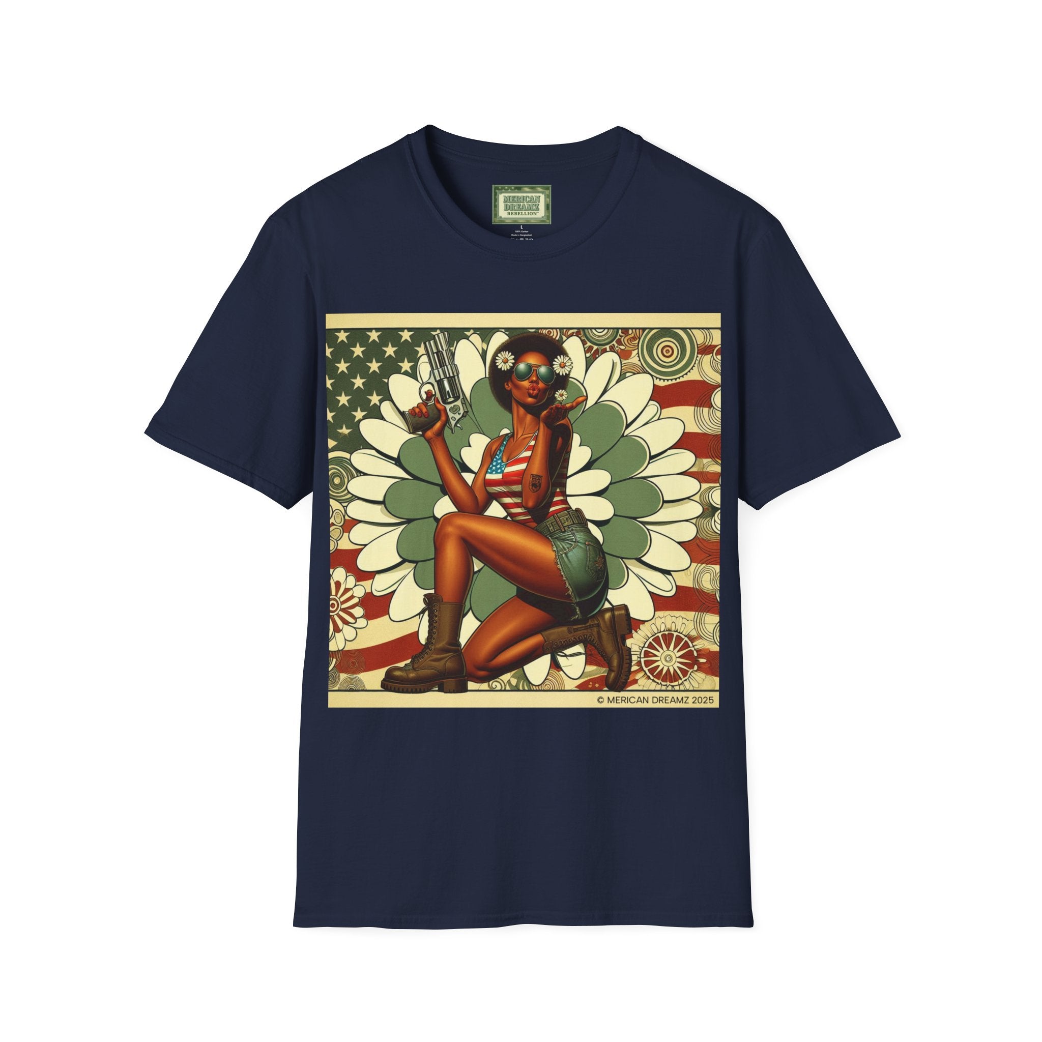 Graphic T-Shirt — Patriotic Pinup Girl with Pistol Vintage Flag Design (US Only)