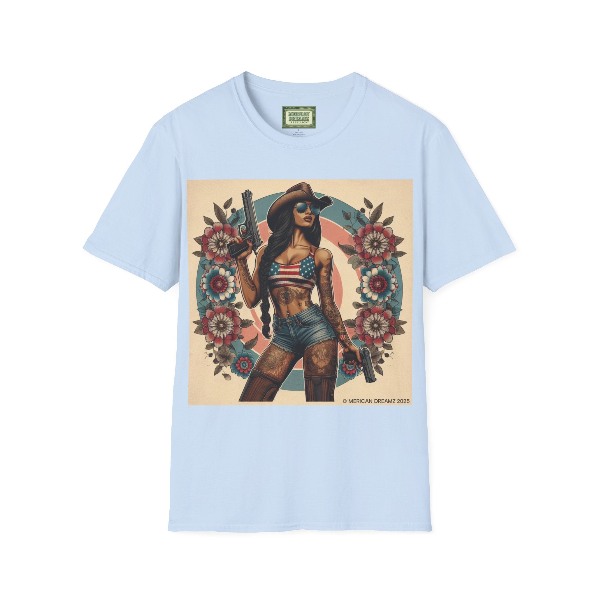 Pin-Up Americana T-Shirt — Retro Floral Gun Cowgirl Vintage Style (US Only)