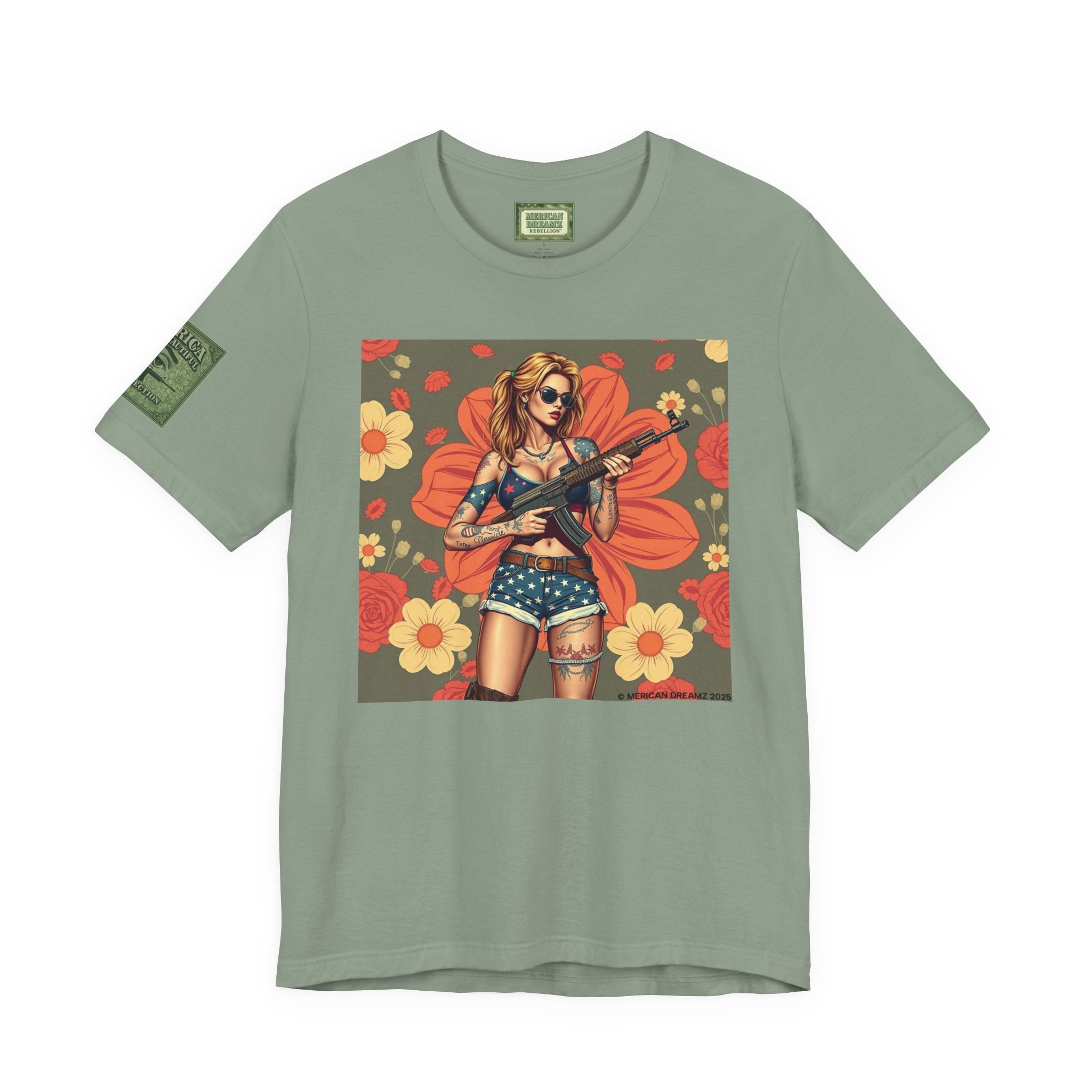 Graphic Short Sleeve Tee front and back — Retro Americana Pin-Up Girls with AK-47 Rifles