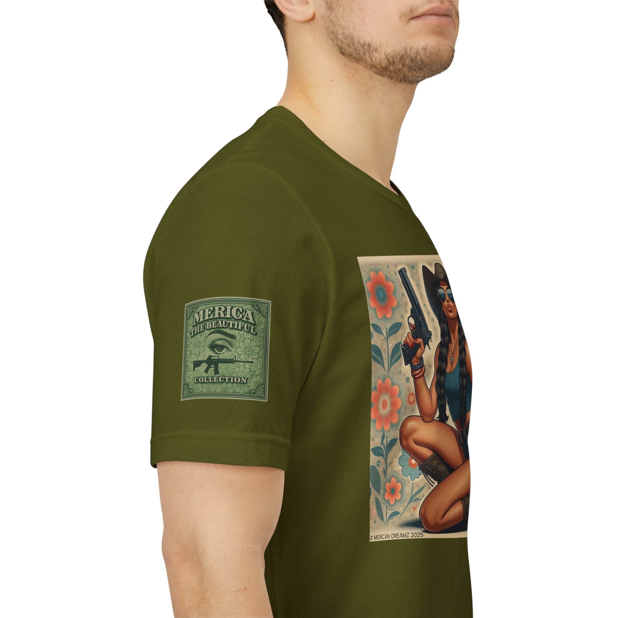 Graphic Short Sleeve Tee front and back — Retro Americana Pin-Up Cowgirls with 9mm Pistols