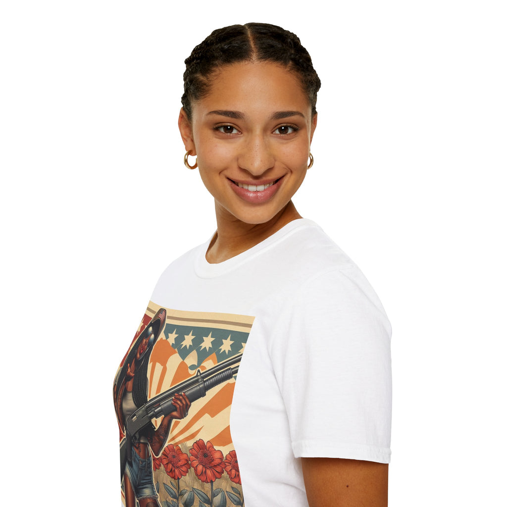 Graphic T-Shirt — Patriotic Pinup Girl with Shotgun Vintage Flag Design (US Only)