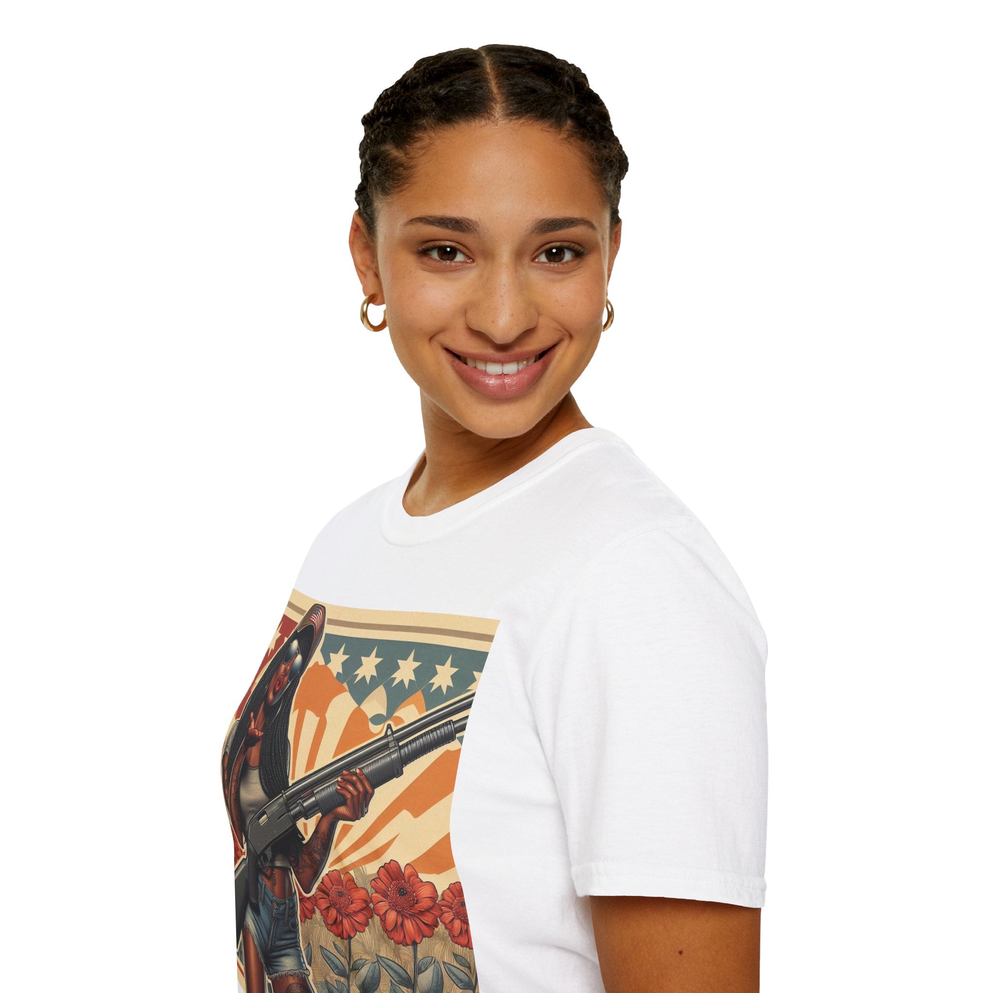 Graphic T-Shirt — Patriotic Pinup Girl with Shotgun Vintage Flag Design (US Only)