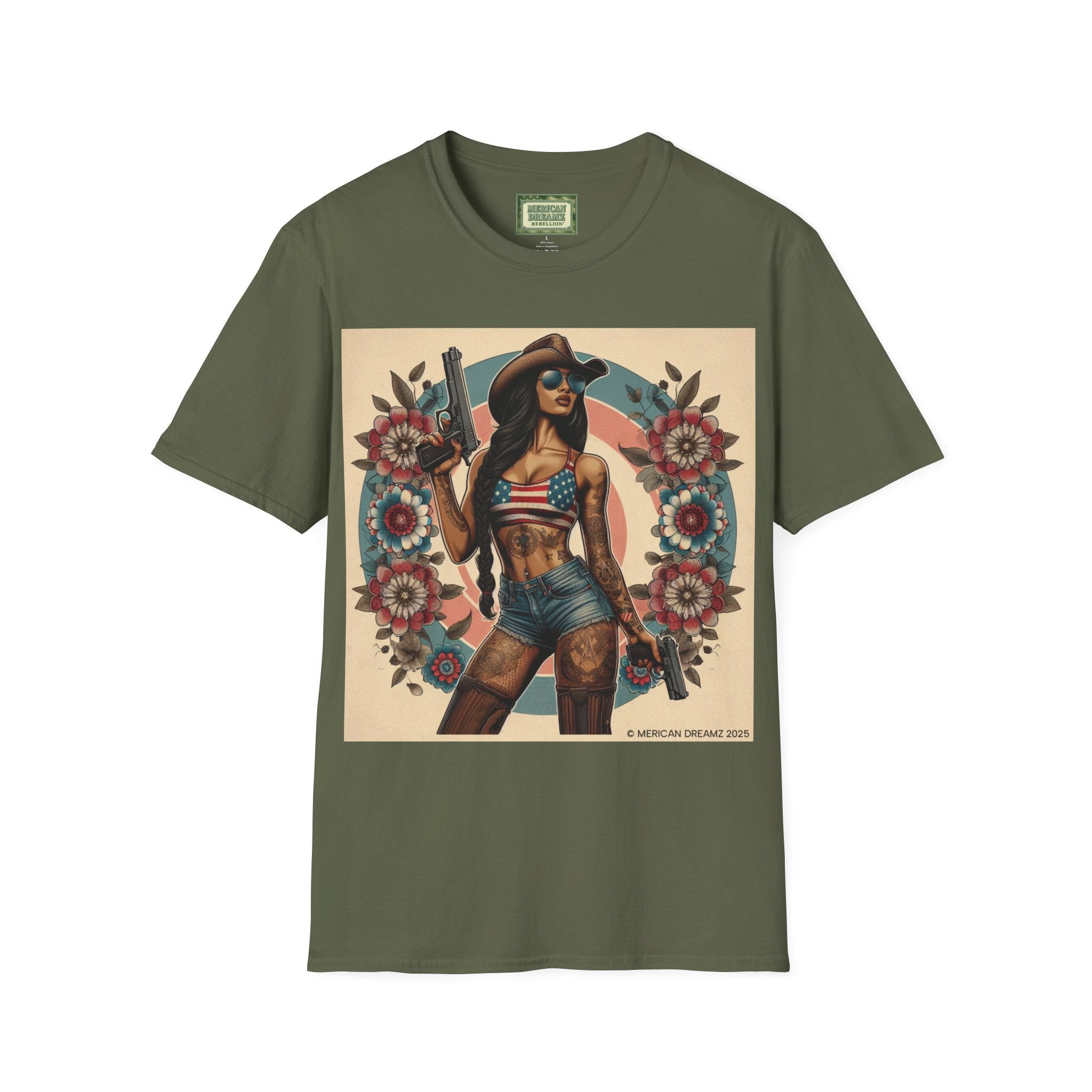 Pin-Up Americana T-Shirt — Retro Floral Gun Cowgirl Vintage Style (US Only)