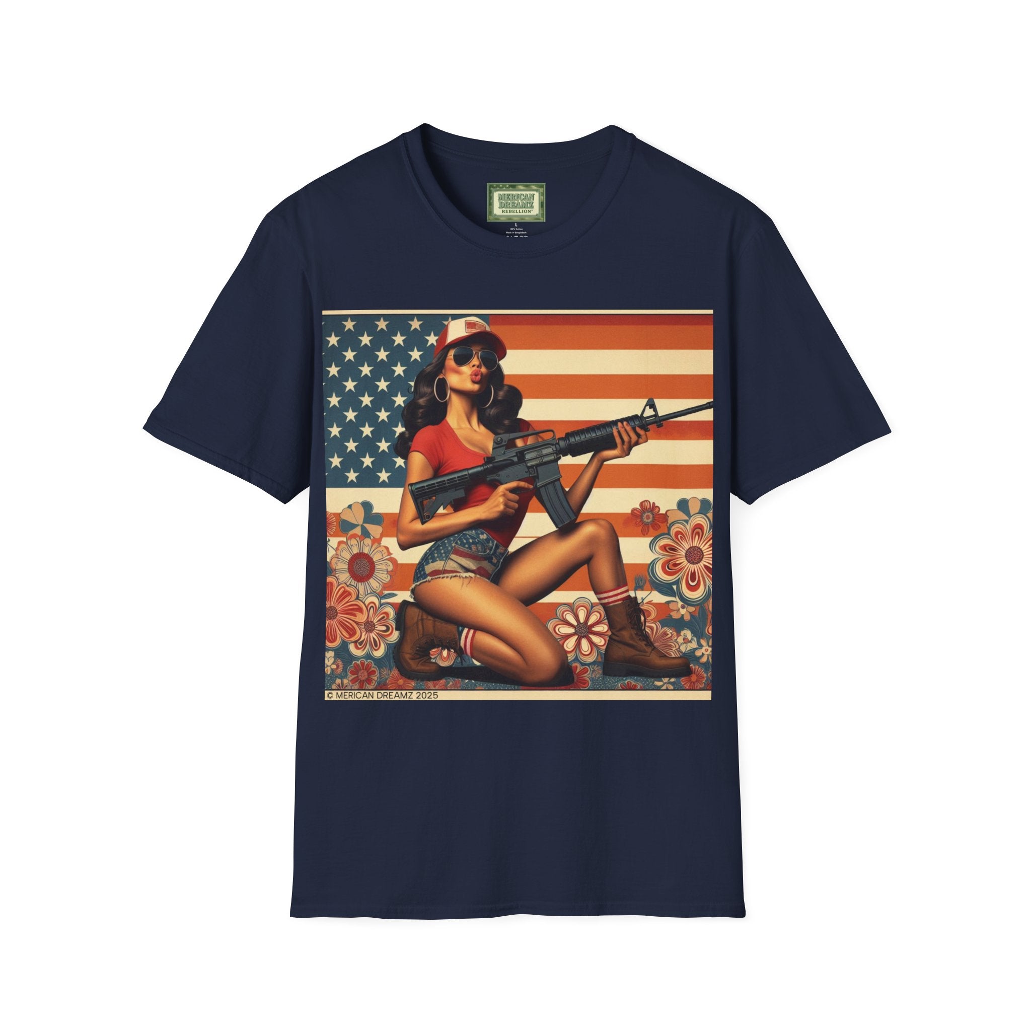 Graphic T-Shirt — Patriotic Pinup Girl with Rifle Vintage Flag Design (US Only)