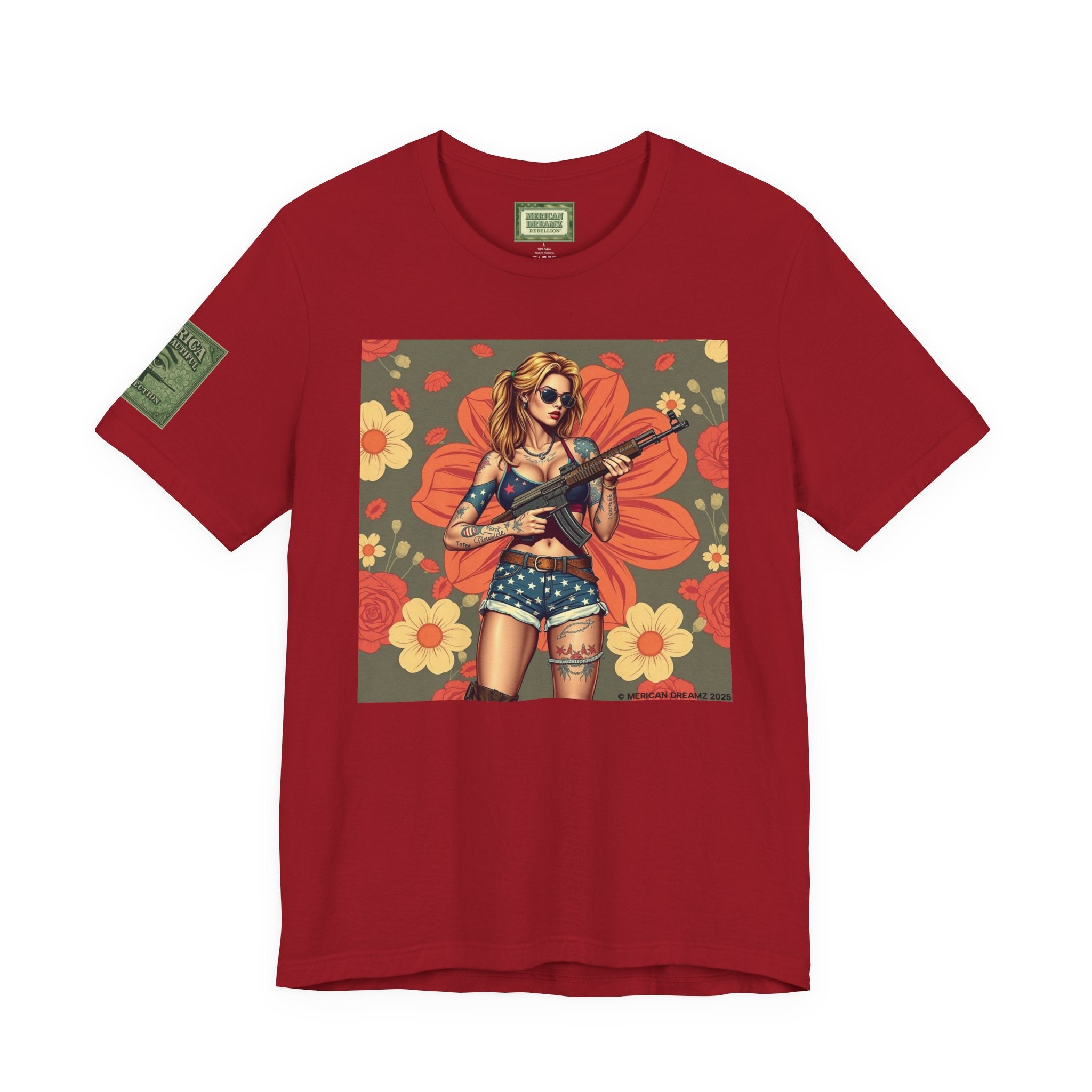 Graphic Short Sleeve Tee front and back — Retro Americana Pin-Up Girls with AK-47 Rifles