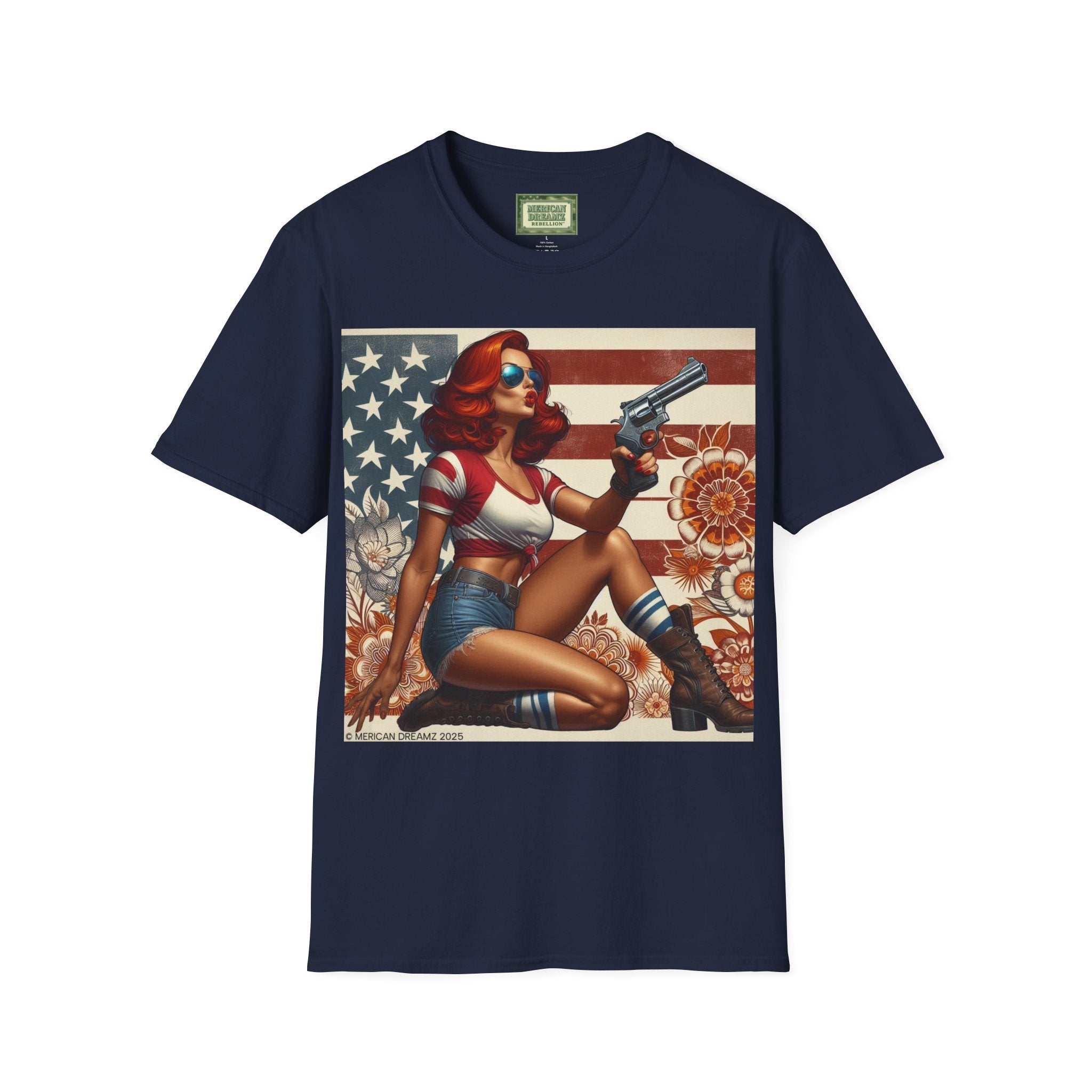 Graphic T-Shirt — Patriotic Pinup Girl with Rifle Vintage Flag Design (US Only)