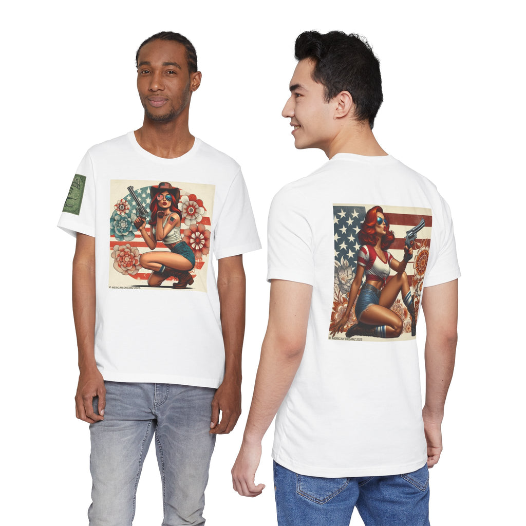 Graphic Short Sleeve Tee front and back — Retro Americana Pin-Up Cowgirls with .44 Magnum Revolvers
