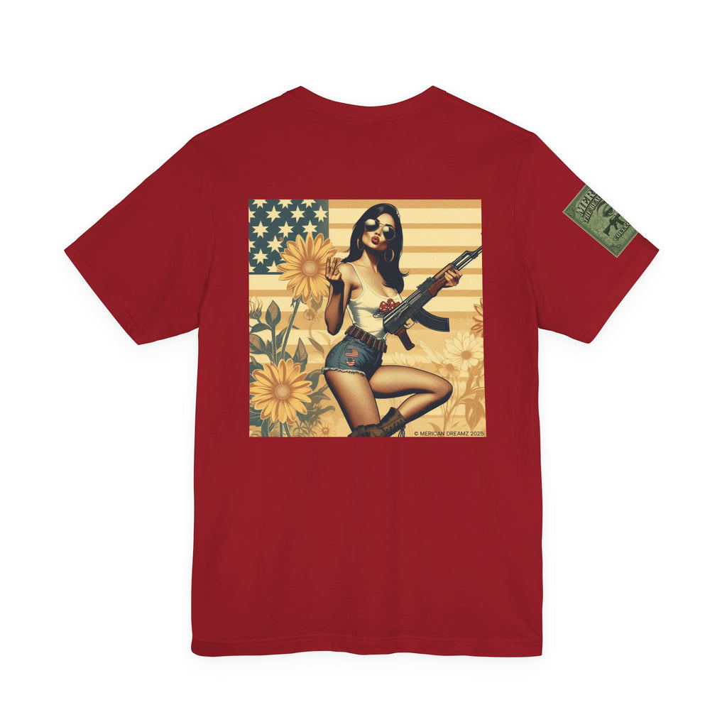 Graphic Short Sleeve Tee front and back — Retro Americana Pin-Up Girls with AK-47 Rifles