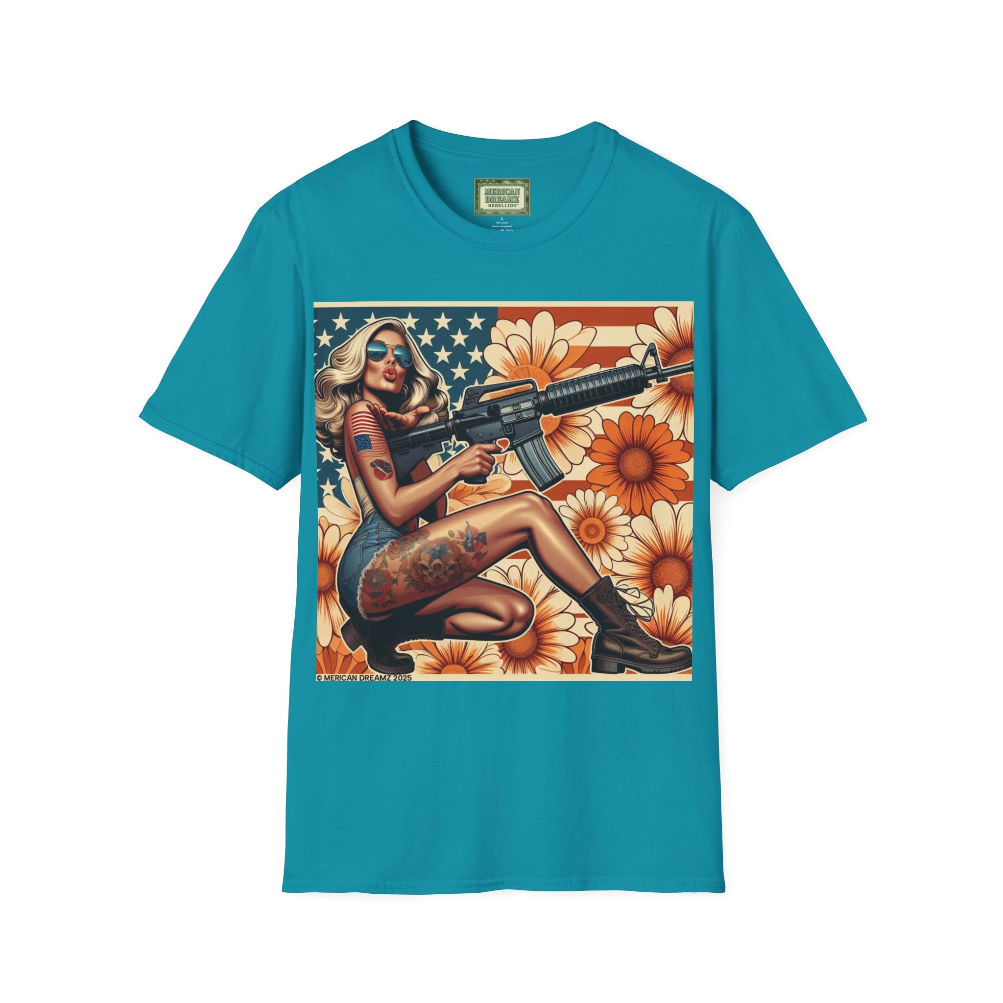 Graphic T-Shirt — Patriotic Pinup Girl with Rifle Vintage Flag Design (US Only)