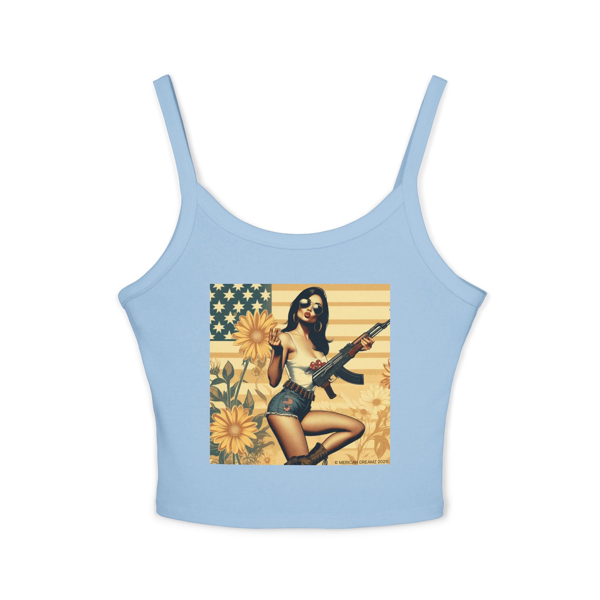 Retro Pinup Girl Tank Top — Vintage Flag & Floral Spaghetti Strap