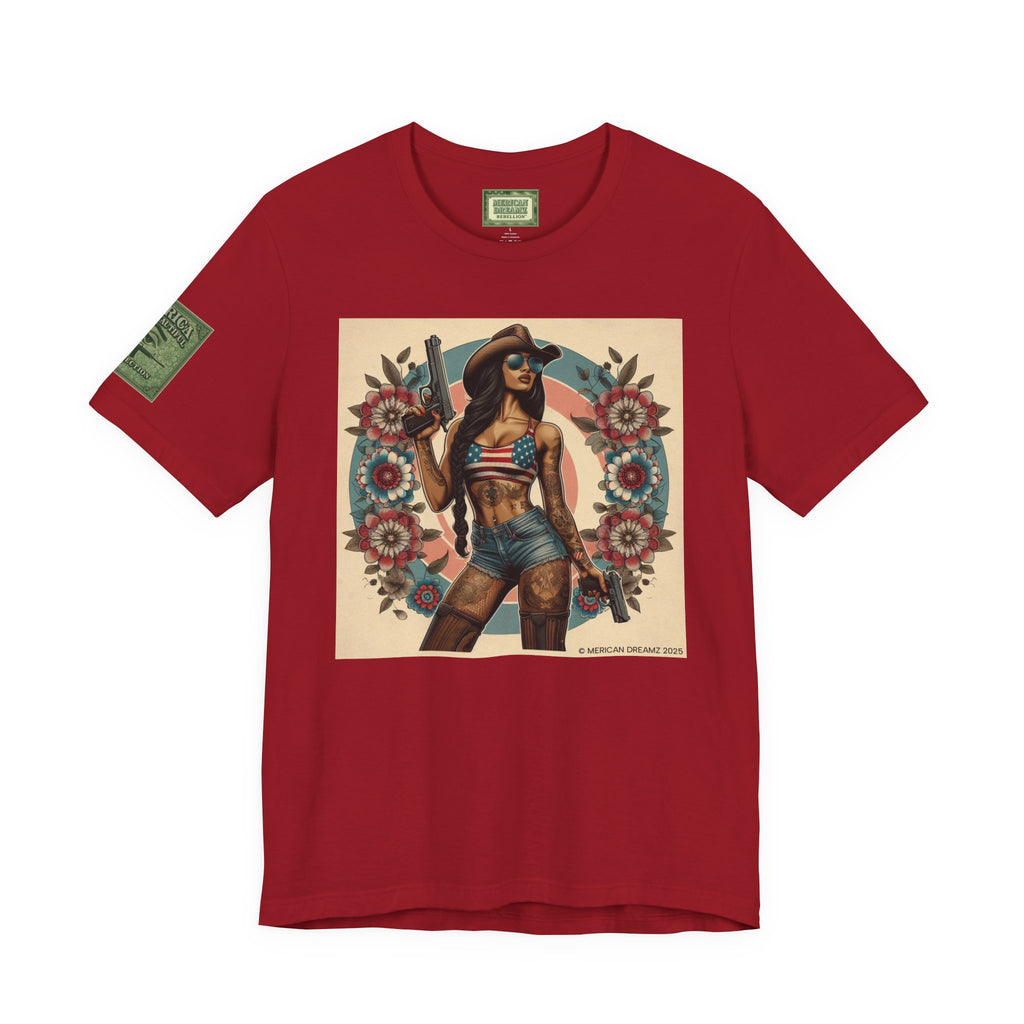 Graphic Short Sleeve Tee front and back — Retro Americana Pin-Up Cowgirls with 9mm Pistols