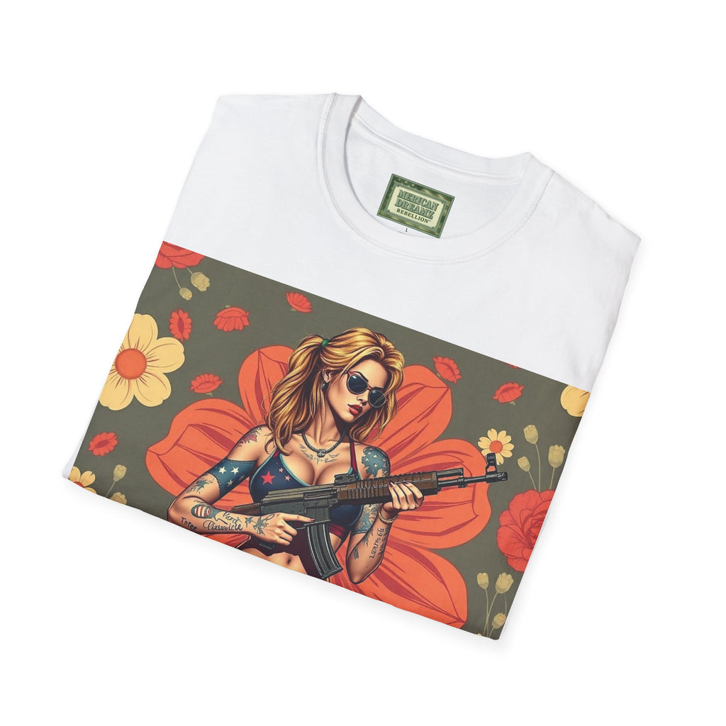 Graphic T-Shirt — Patriotic Pinup Girl with Rifle Vintage Flag Design (US Only)