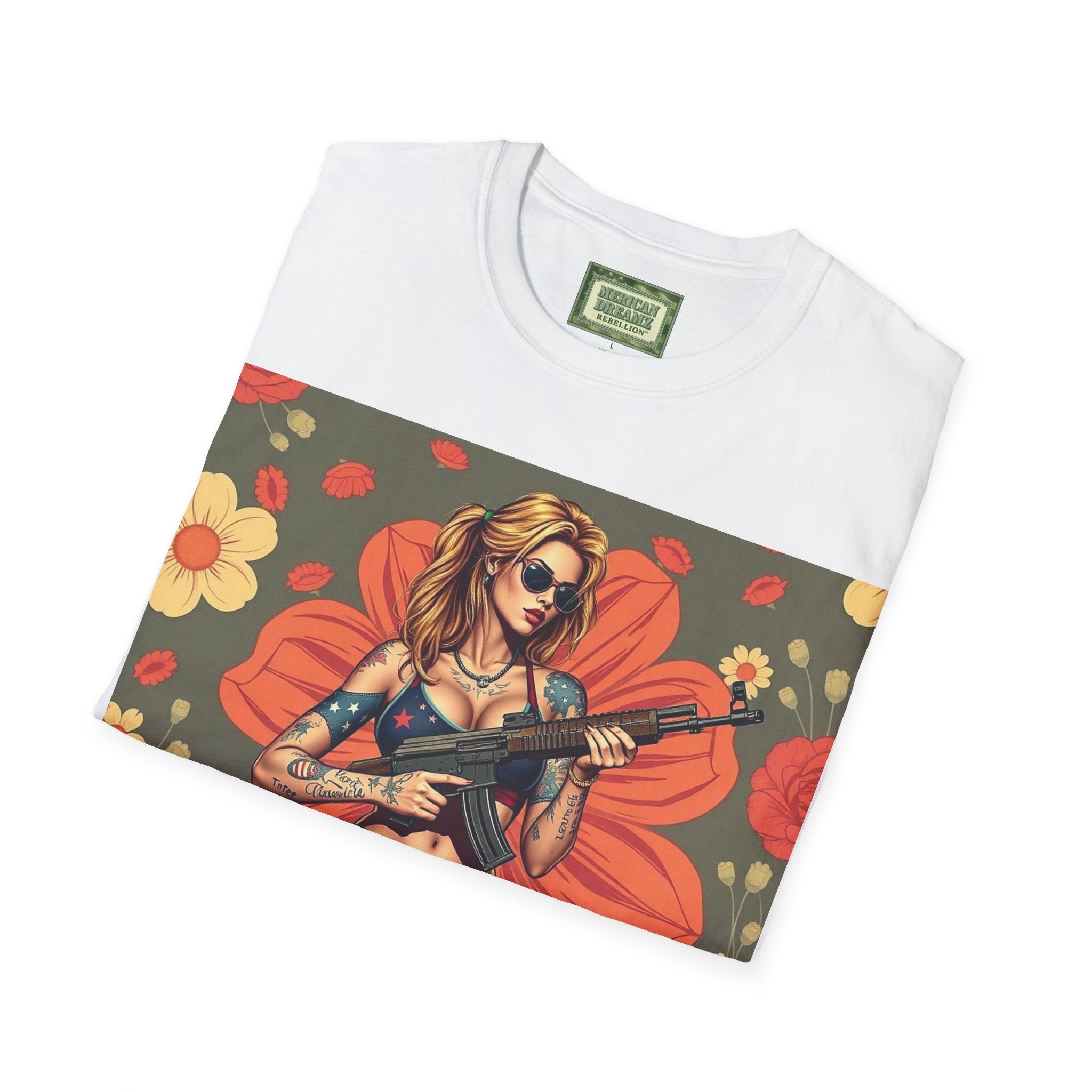 Graphic T-Shirt — Patriotic Pinup Girl with Rifle Vintage Flag Design (US Only)