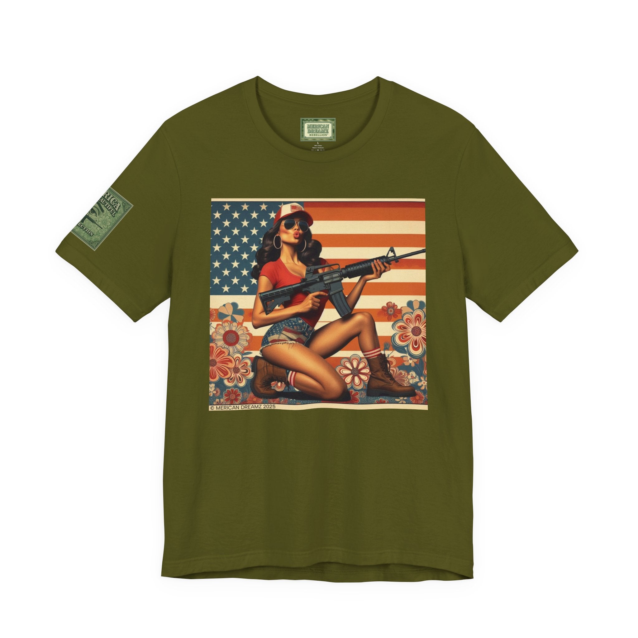 Graphic Short Sleeve Tee front and back — Retro Americana Pin-Up Girls with AR-15 Rifles