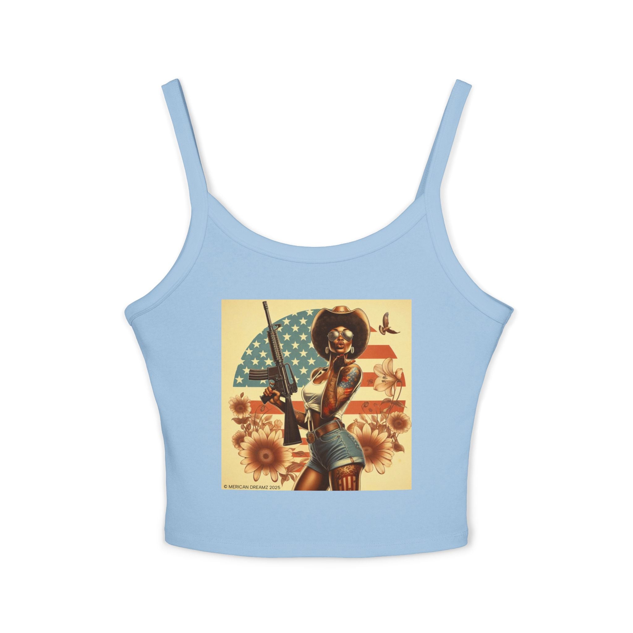 Retro Pinup Girl Tank Top — Vintage Flag & Floral Spaghetti Strap