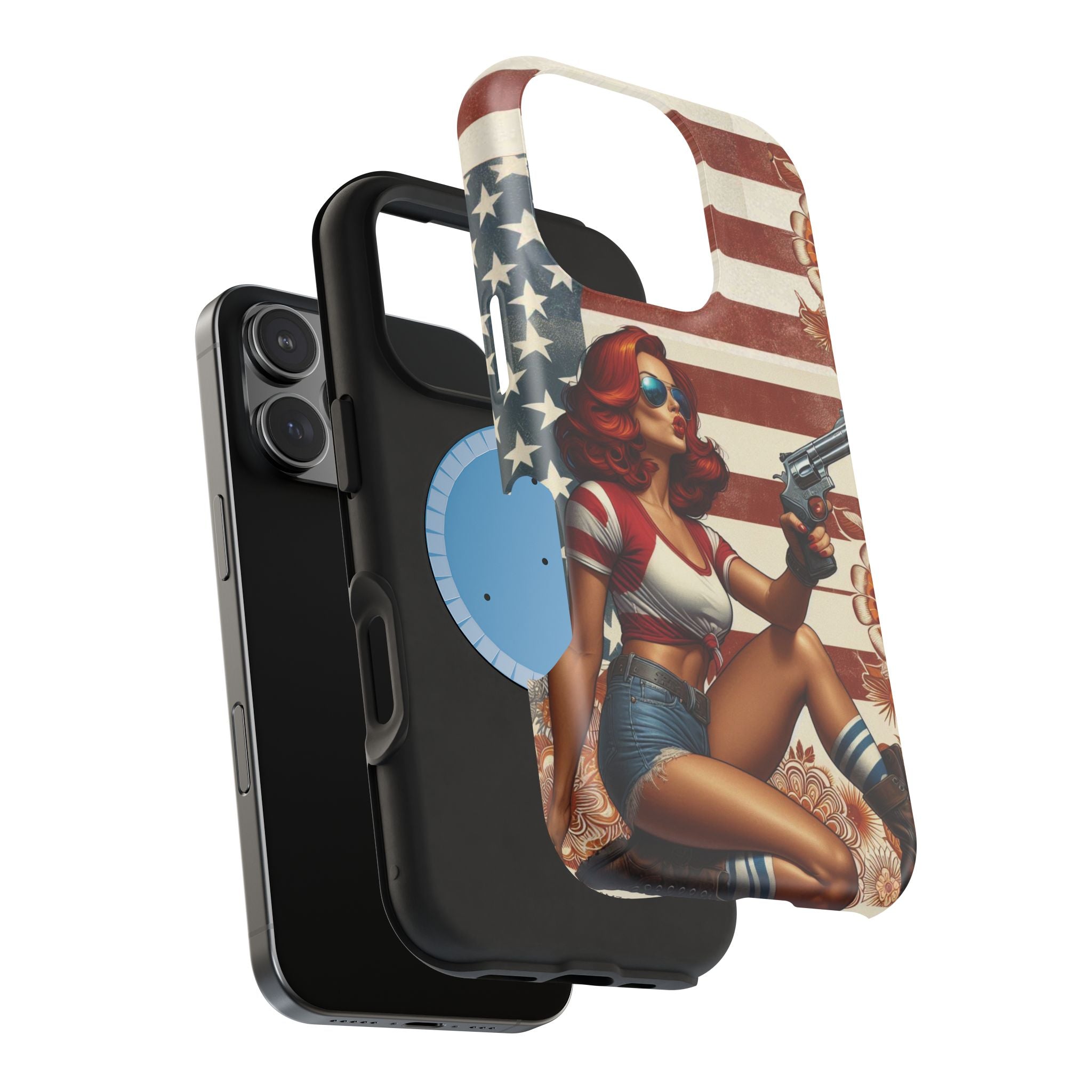 Americana .44 Magnum Pinup Girl - Magnetic Impact‑Resistant Phone Case  iPhone 13-17 / Samsung S26  MagSafe Compatible