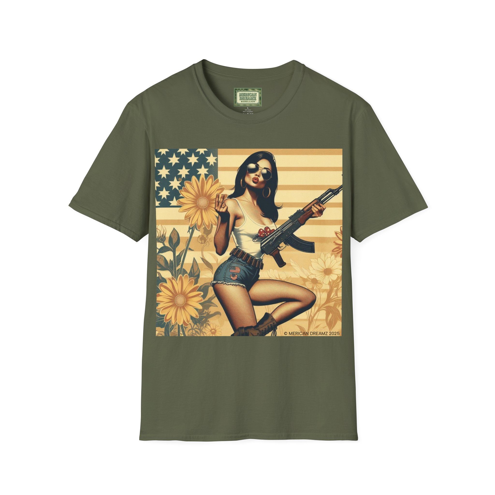 Graphic T-Shirt — Patriotic Pinup Girl with Rifle Vintage Flag Design (US Only)