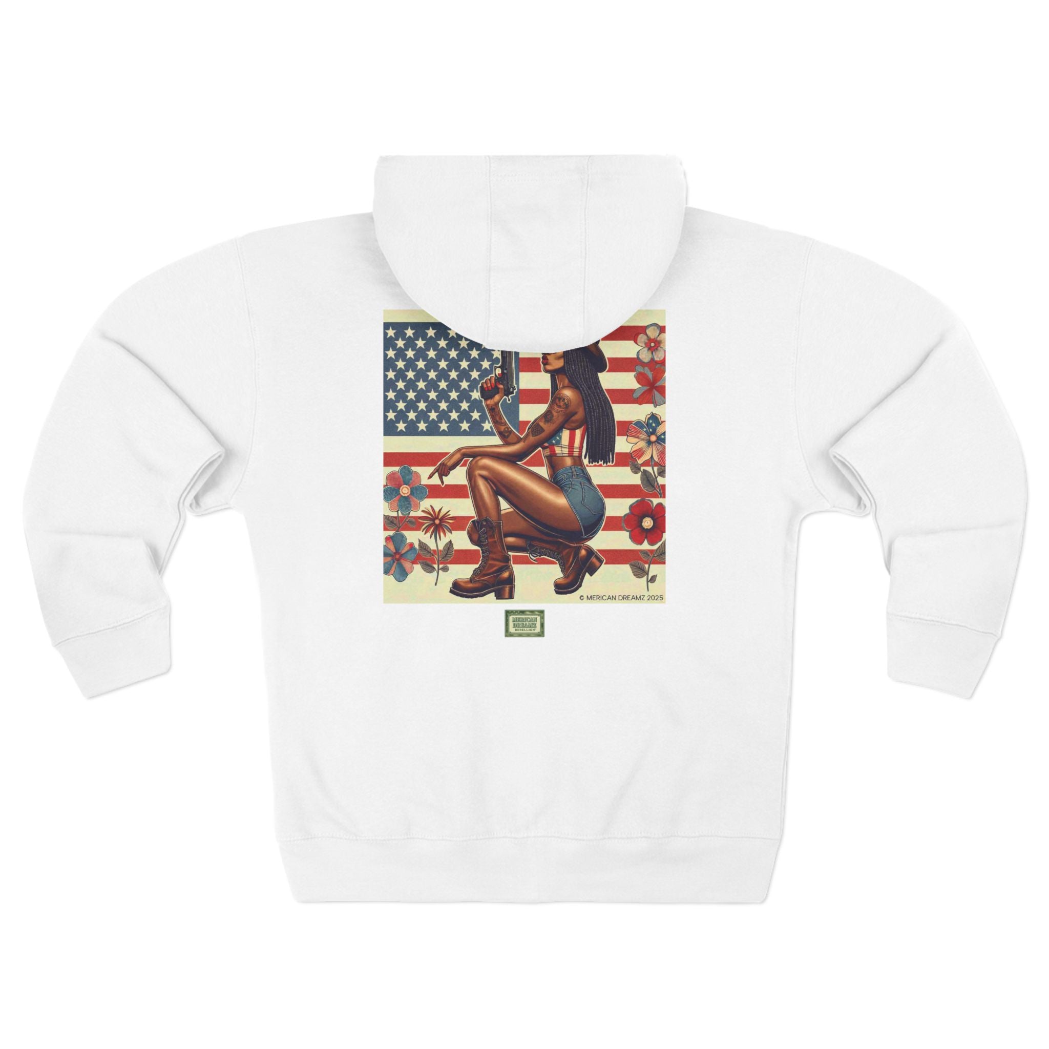 Americana Pinup Cowgirl with 9mm Zip Hoodie — Retro Vintage Patriotic Graphic