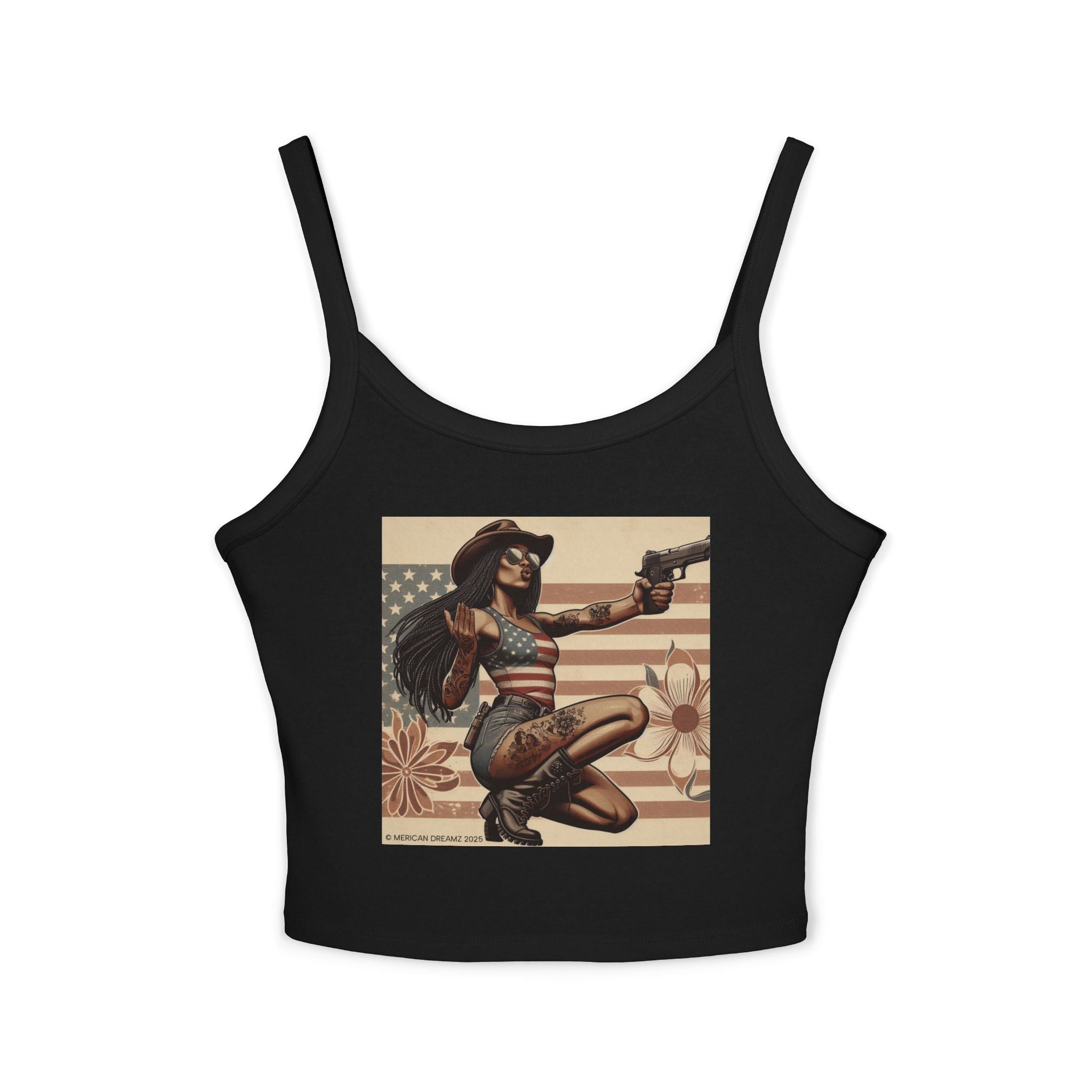 Retro Pinup Girl Tank Top — Vintage Flag & Floral Spaghetti Strap
