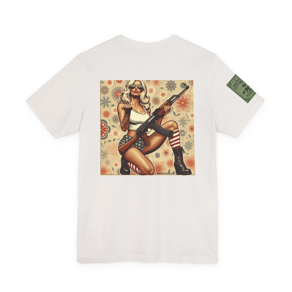 Graphic Short Sleeve Tee front and back — Retro Americana Pin-Up Girls with AK-47 Rifles